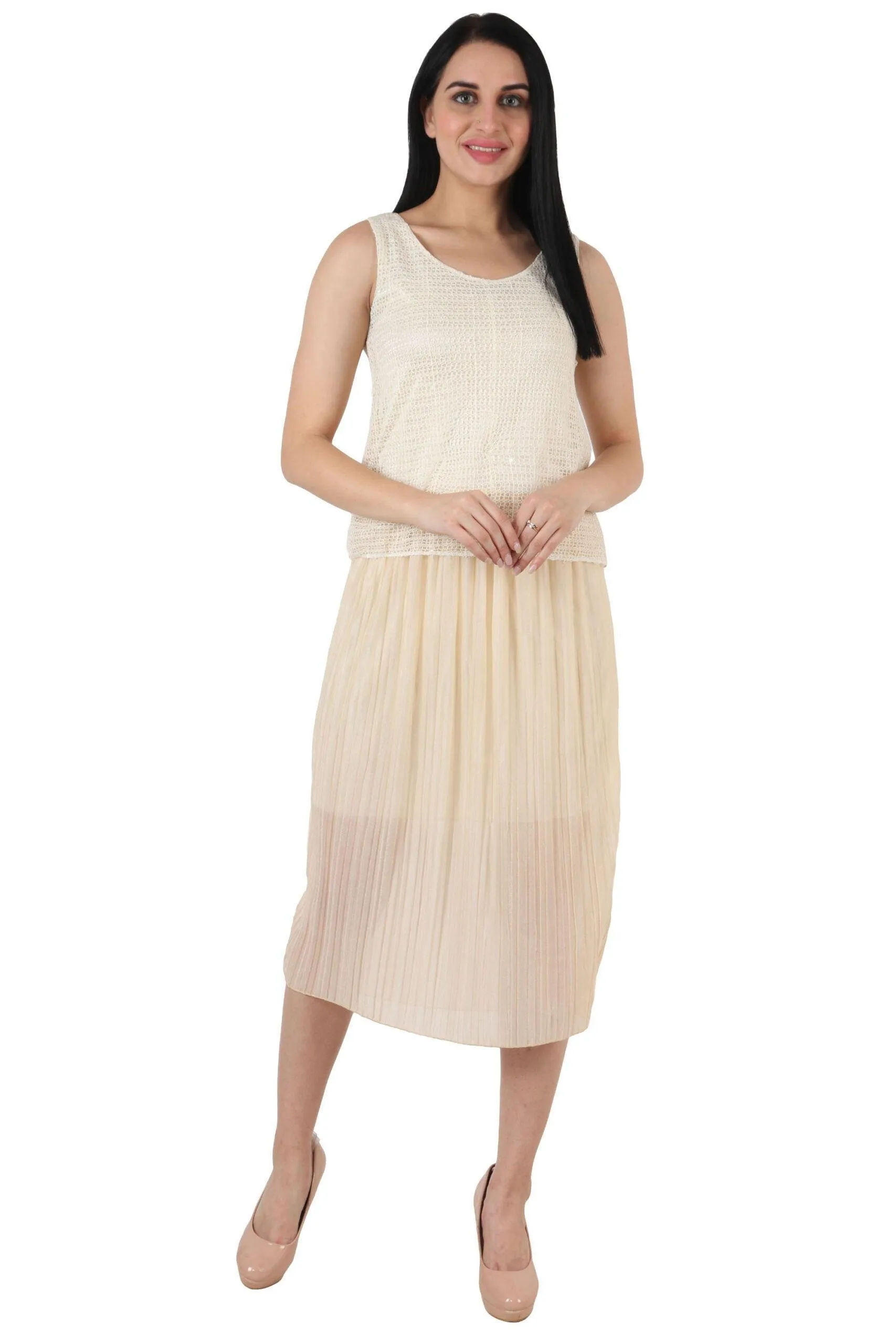 Cream Solid Crochet Pleated Dress