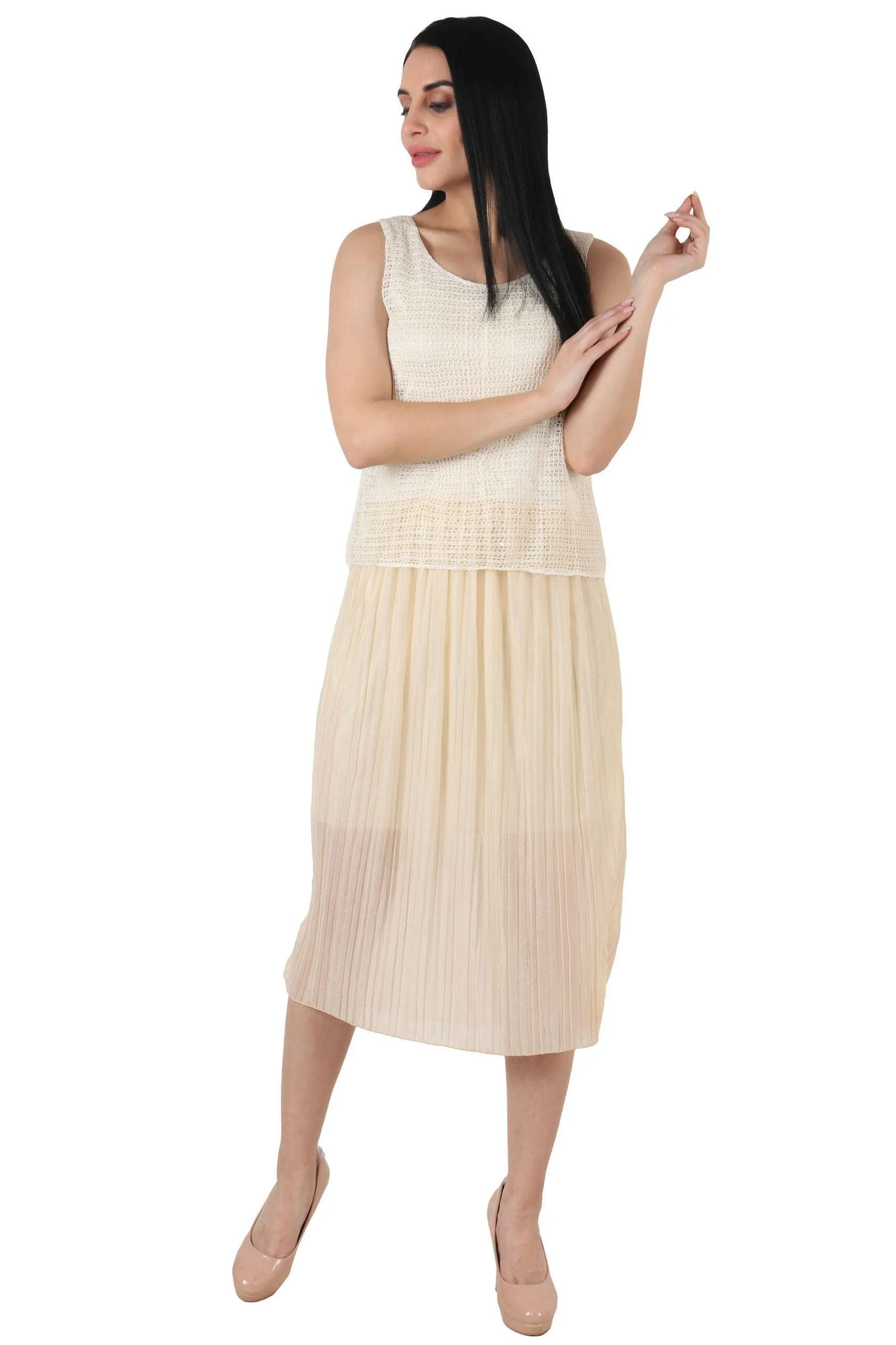 Cream Solid Crochet Pleated Dress