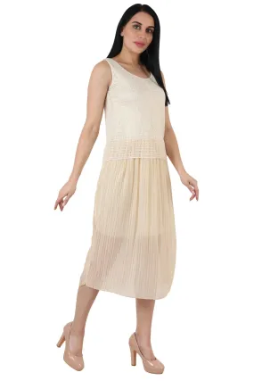 Cream Solid Crochet Pleated Dress