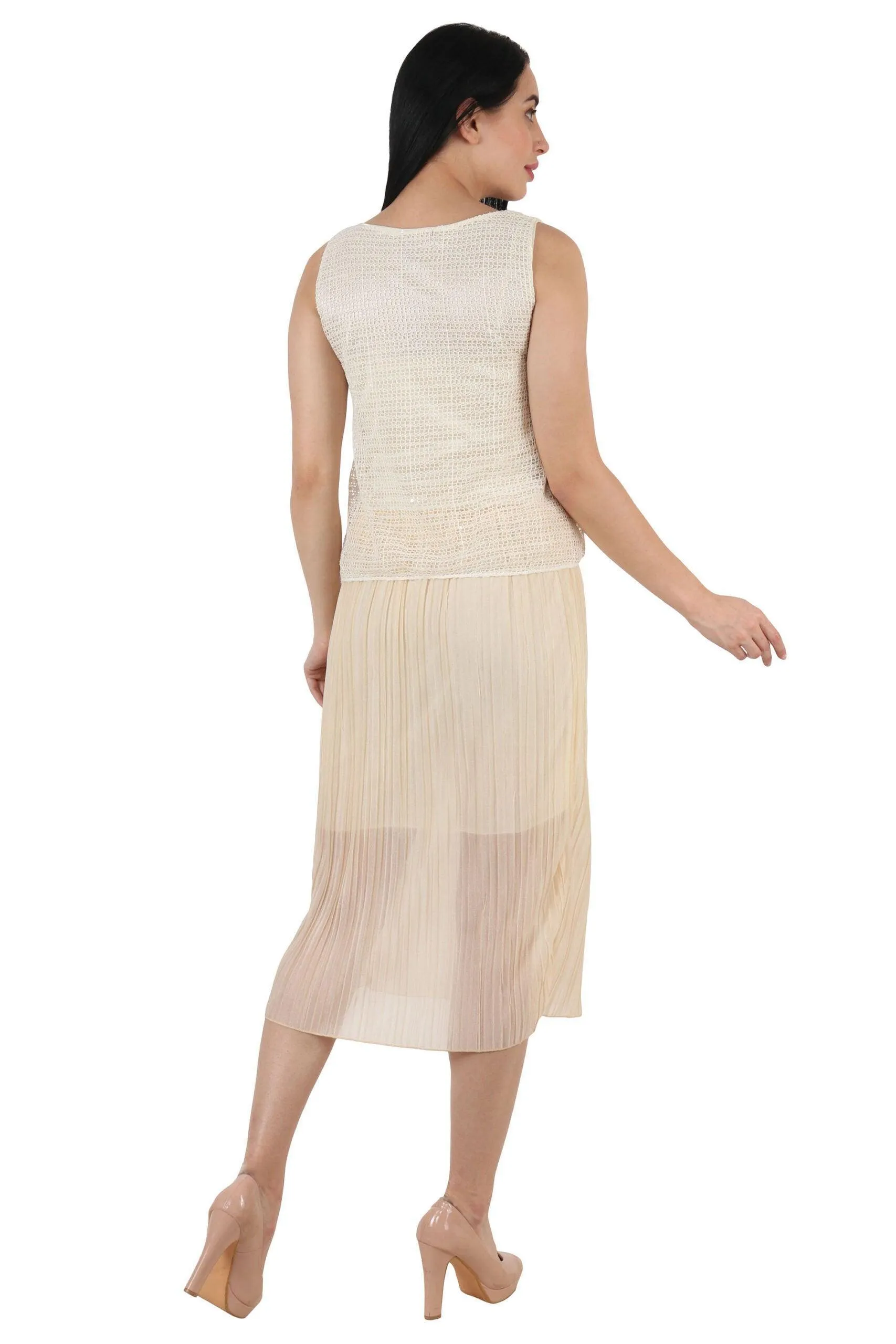 Cream Solid Crochet Pleated Dress