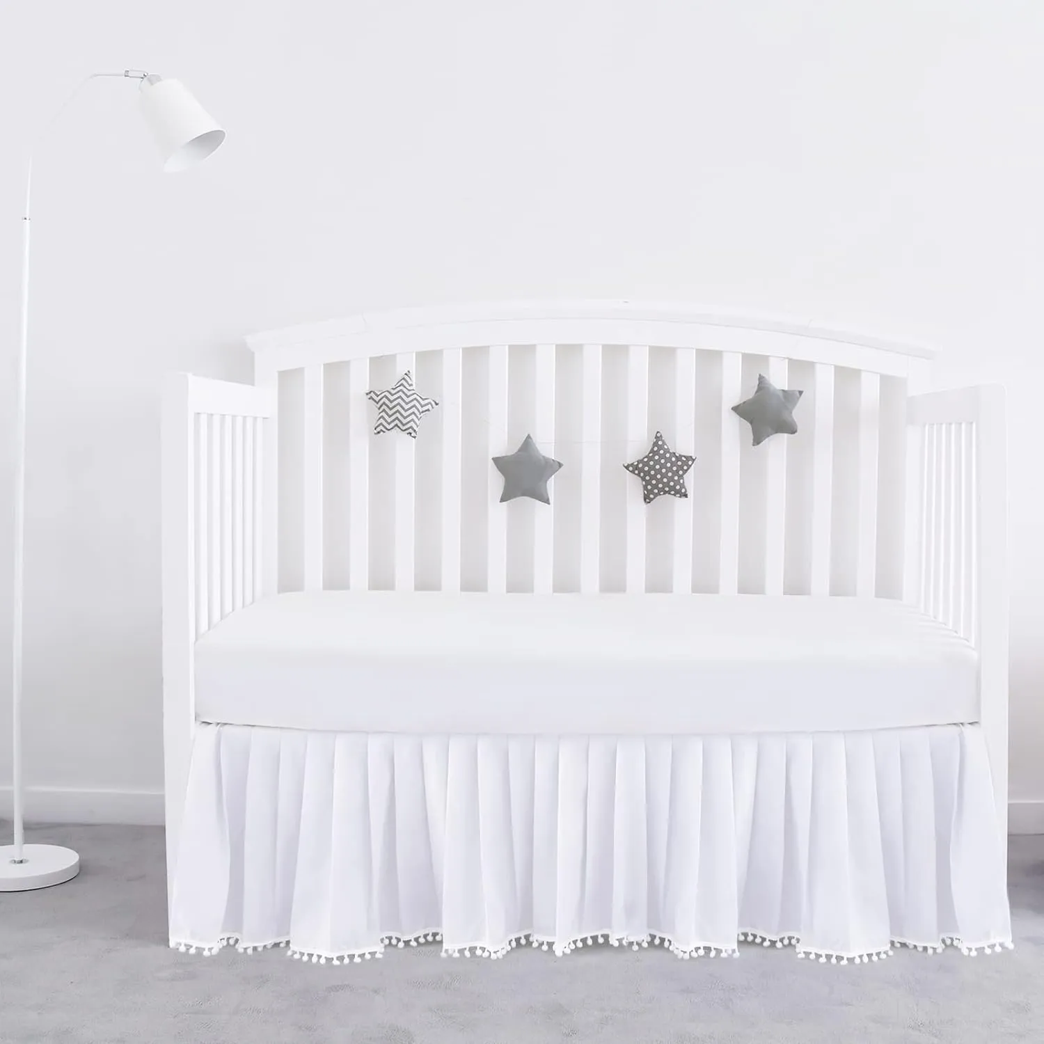 Crib Skirt - Dust Ruffle with Lovely Pompoms, 14" Drop, Grey (for Standard Crib/ Toddler Bed)