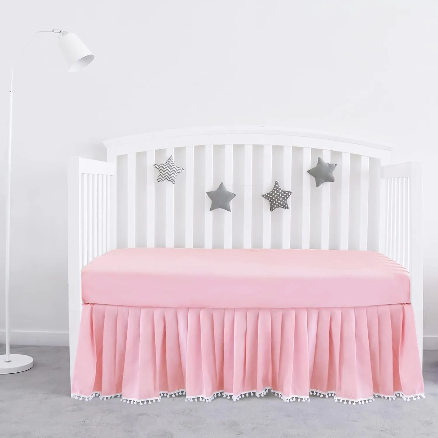 Crib Skirt - Dust Ruffle with Lovely Pompoms, 14" Drop, Grey (for Standard Crib/ Toddler Bed)