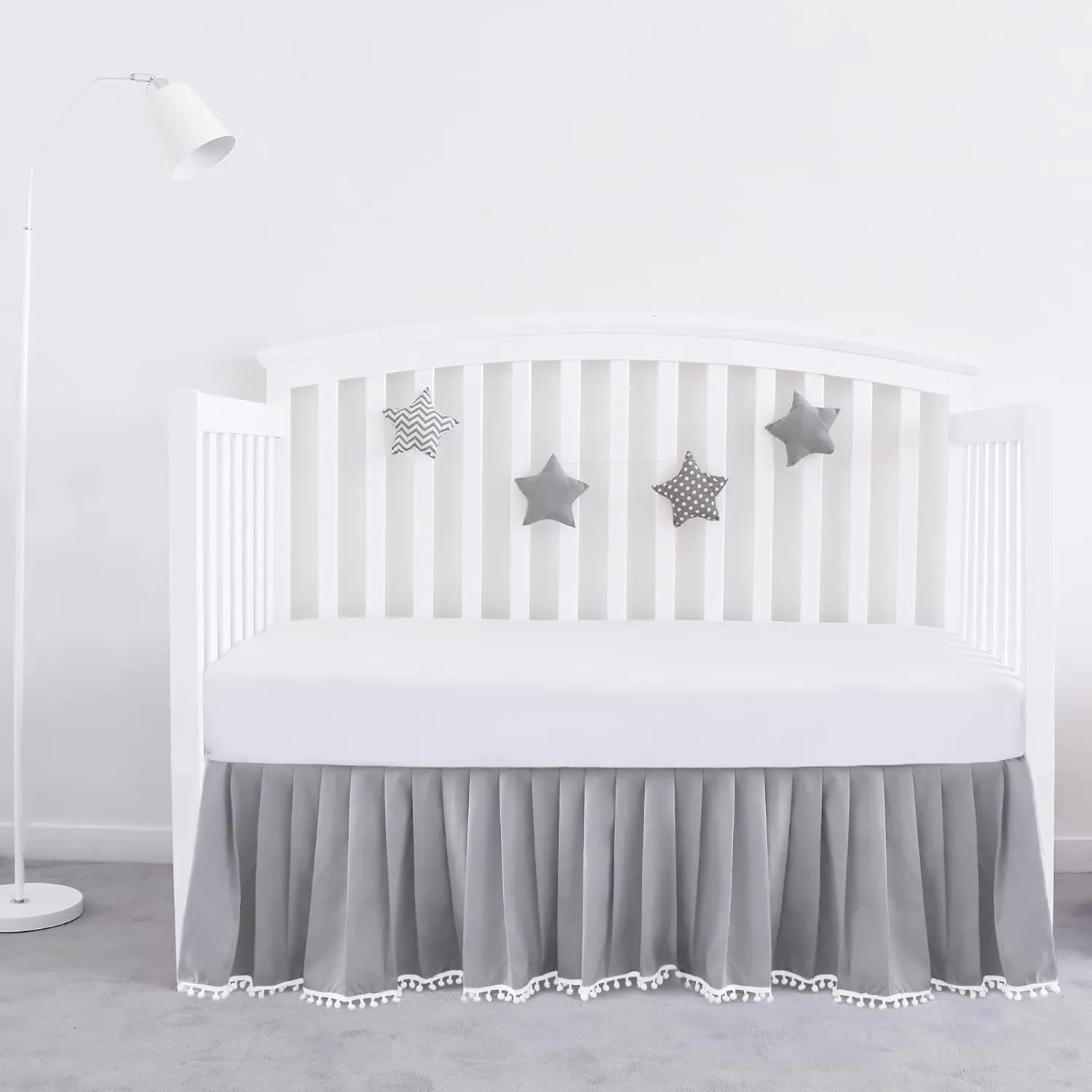 Crib Skirt - Dust Ruffle with Lovely Pompoms, 14" Drop, Grey (for Standard Crib/ Toddler Bed)