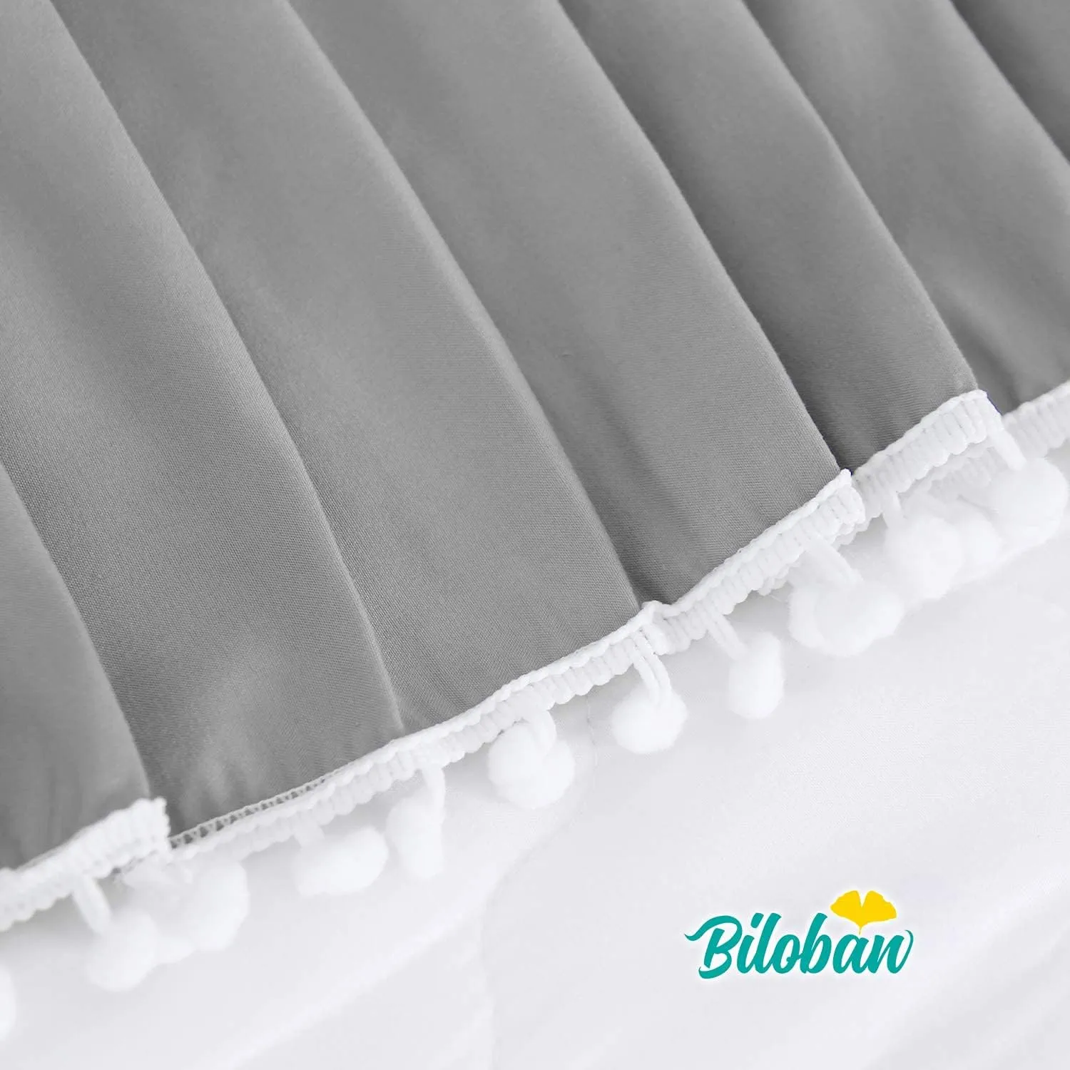 Crib Skirt - Dust Ruffle with Lovely Pompoms, 14" Drop, Grey (for Standard Crib/ Toddler Bed)