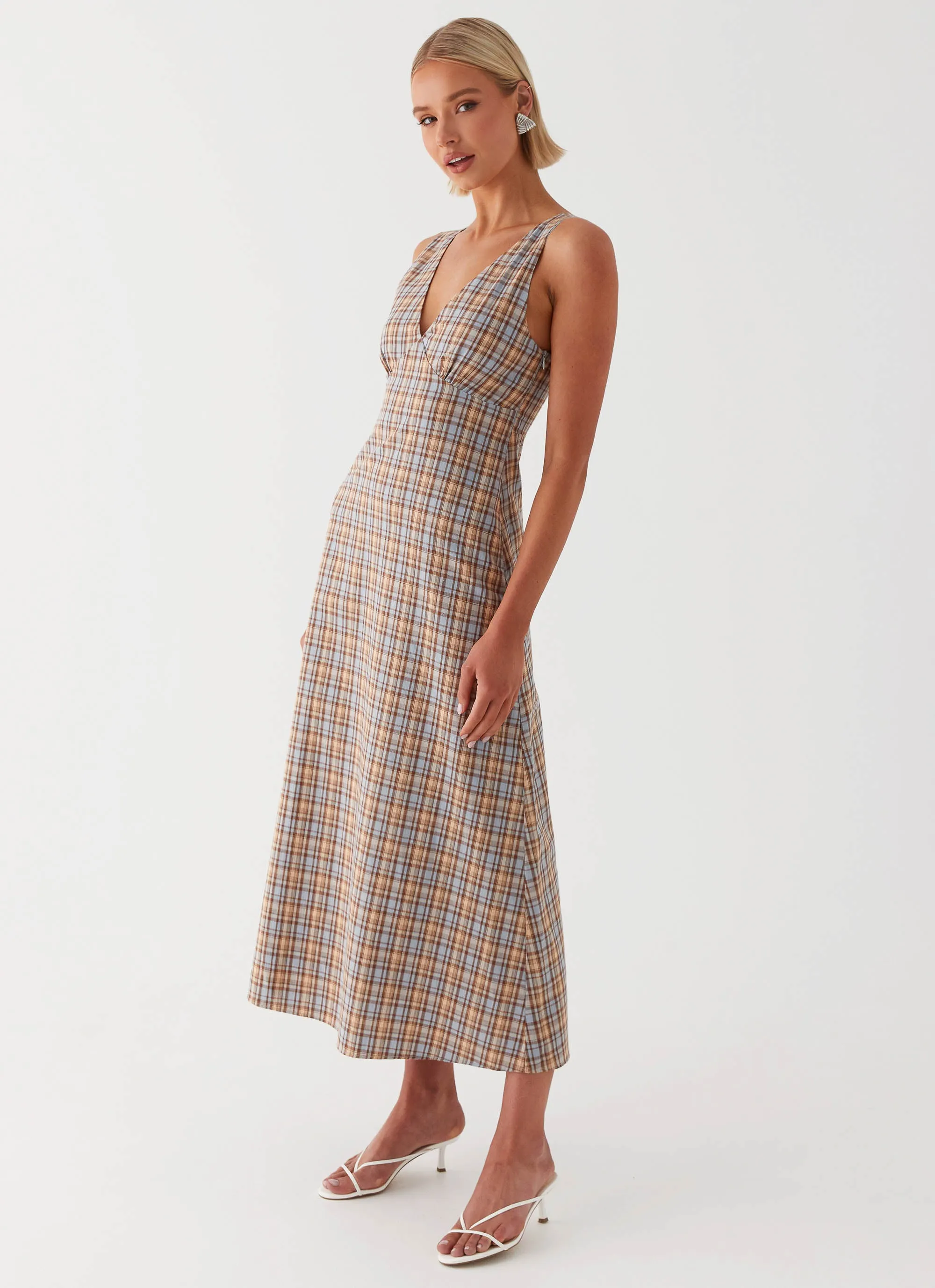 Daphny Gathered Bust Midi Dress - Check