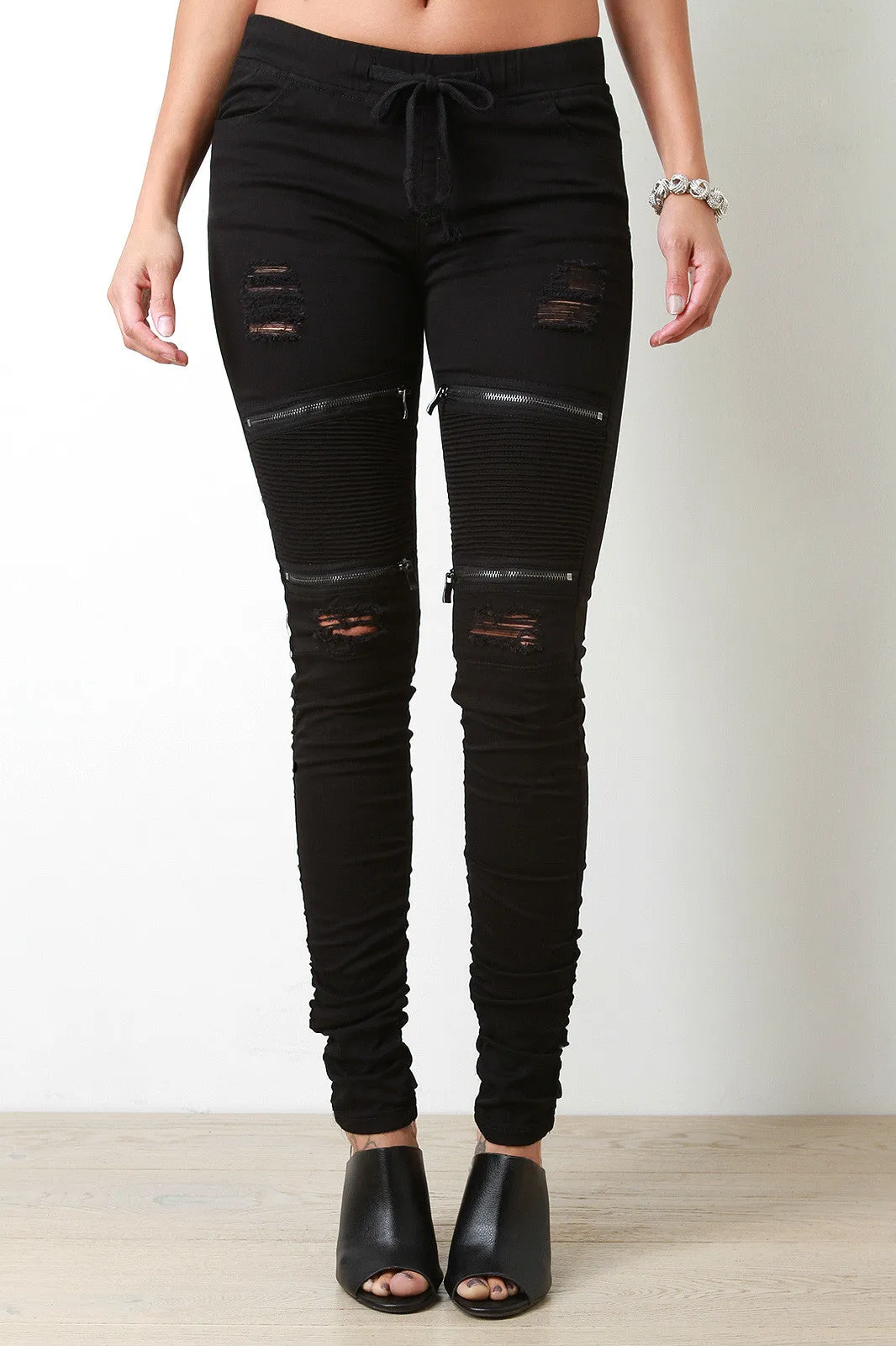 Distressed Moto Style Zip Knee Pants