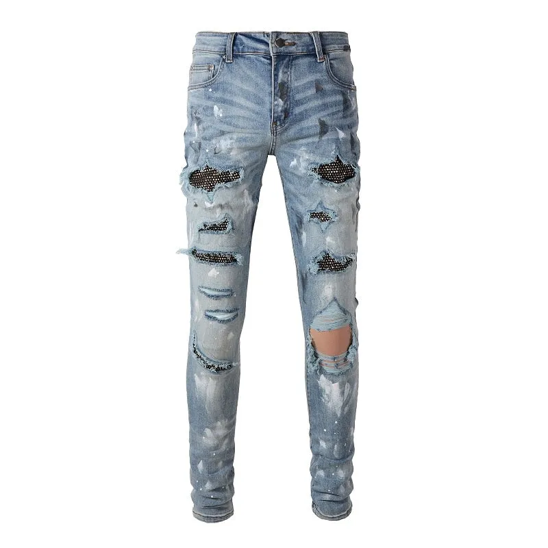 Distressed Silver Rhinestone Slim Blue Jeans