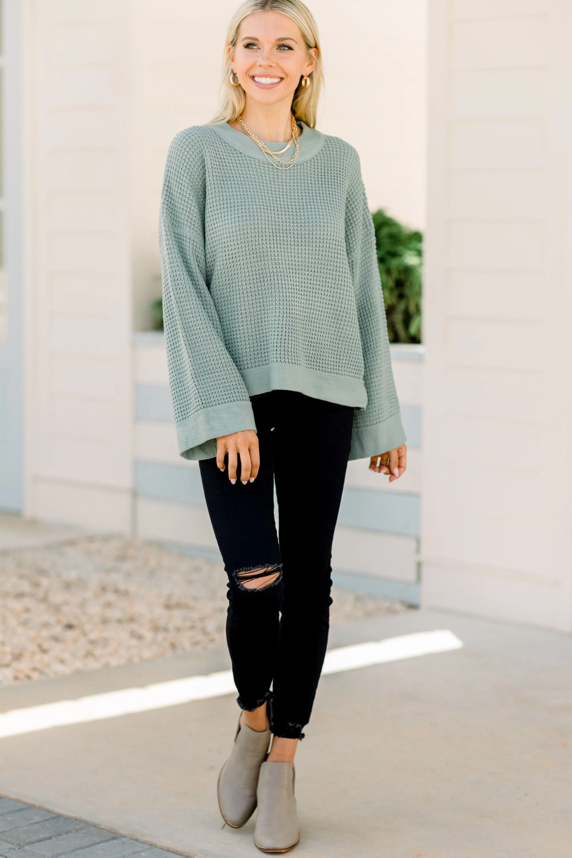 Easy Days Ahead Sage Green Waffle Sweater