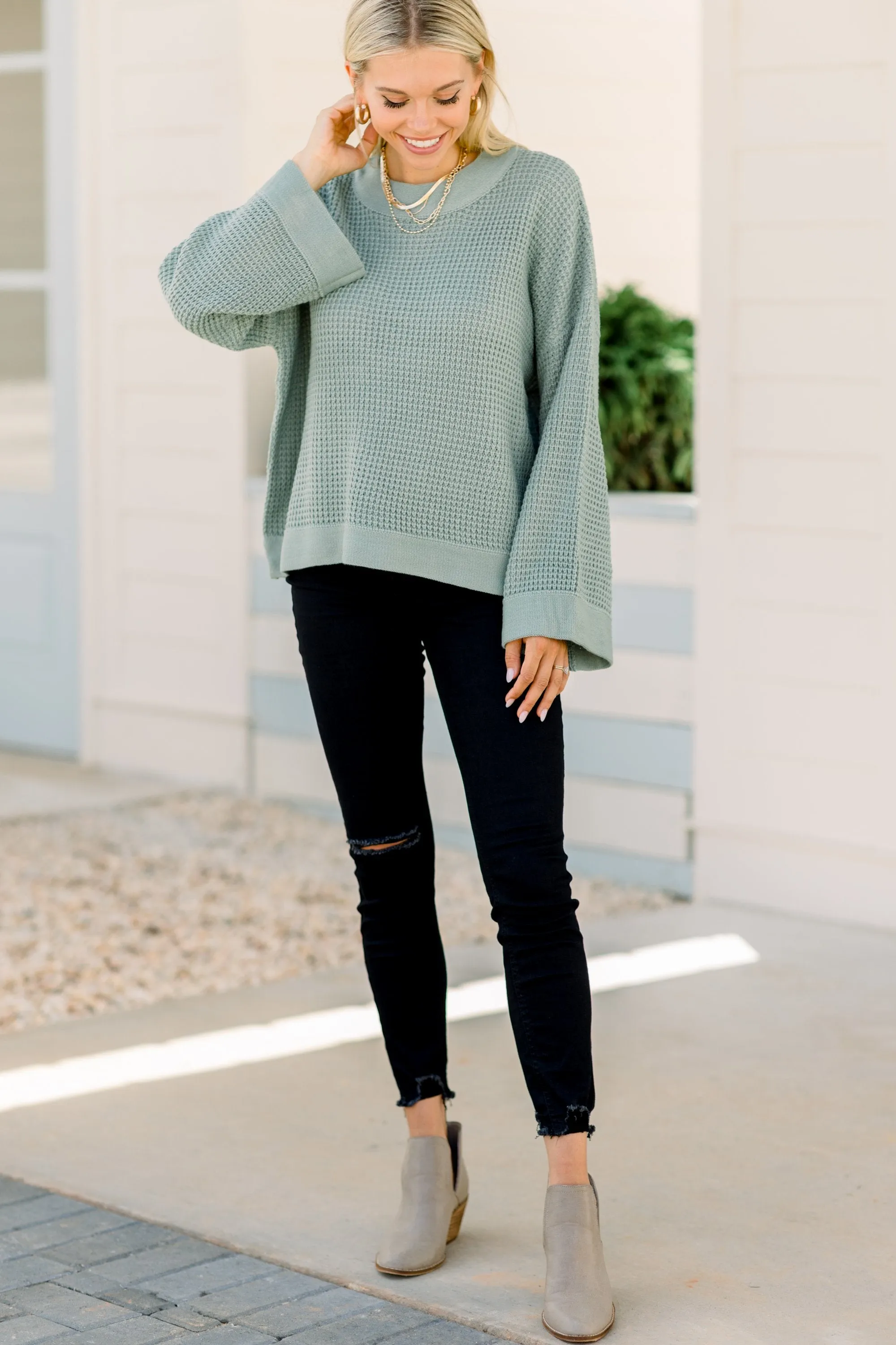 Easy Days Ahead Sage Green Waffle Sweater