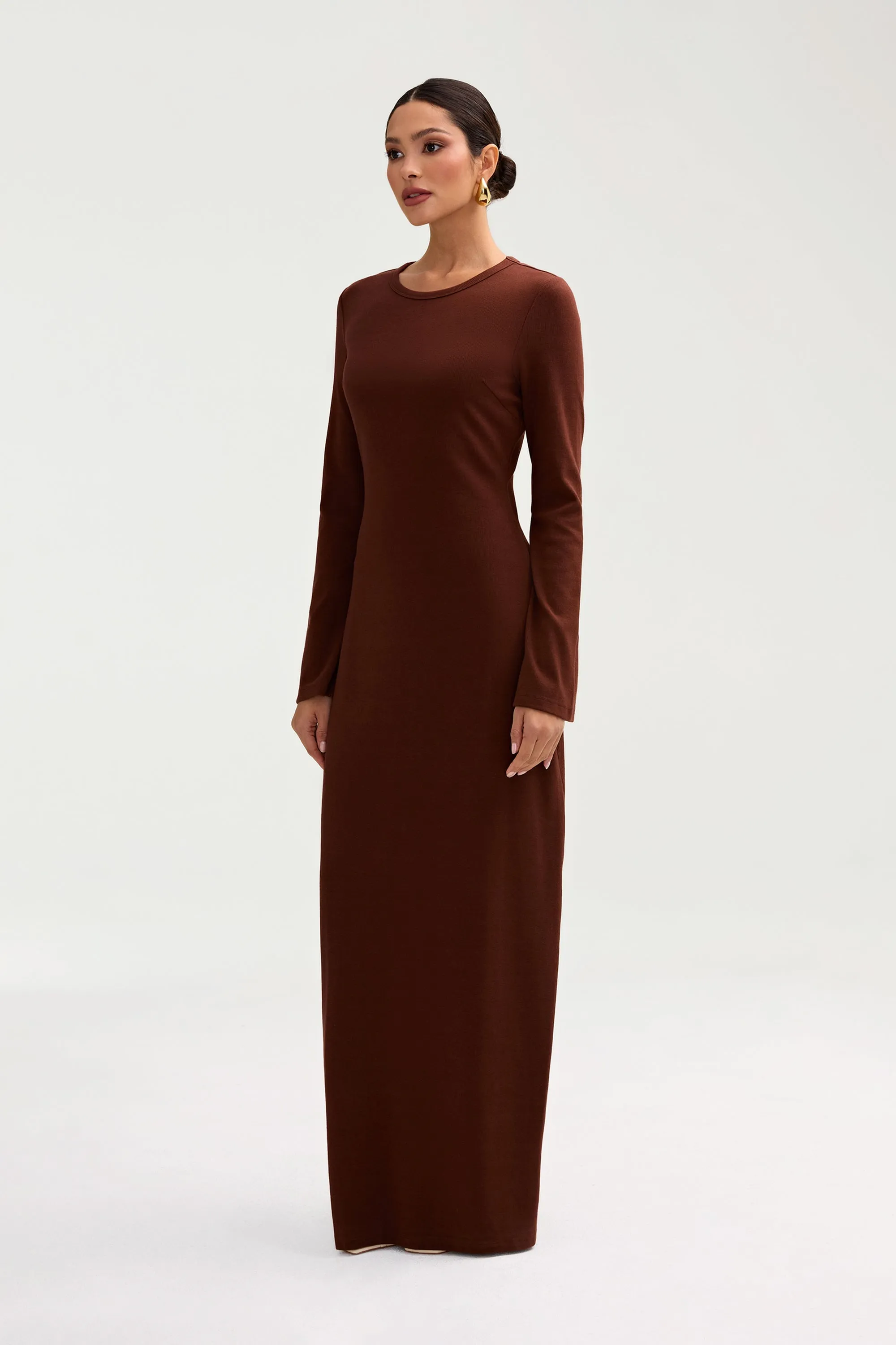 Ella Ribbed Split Cuff Maxi Dress - Chocolate