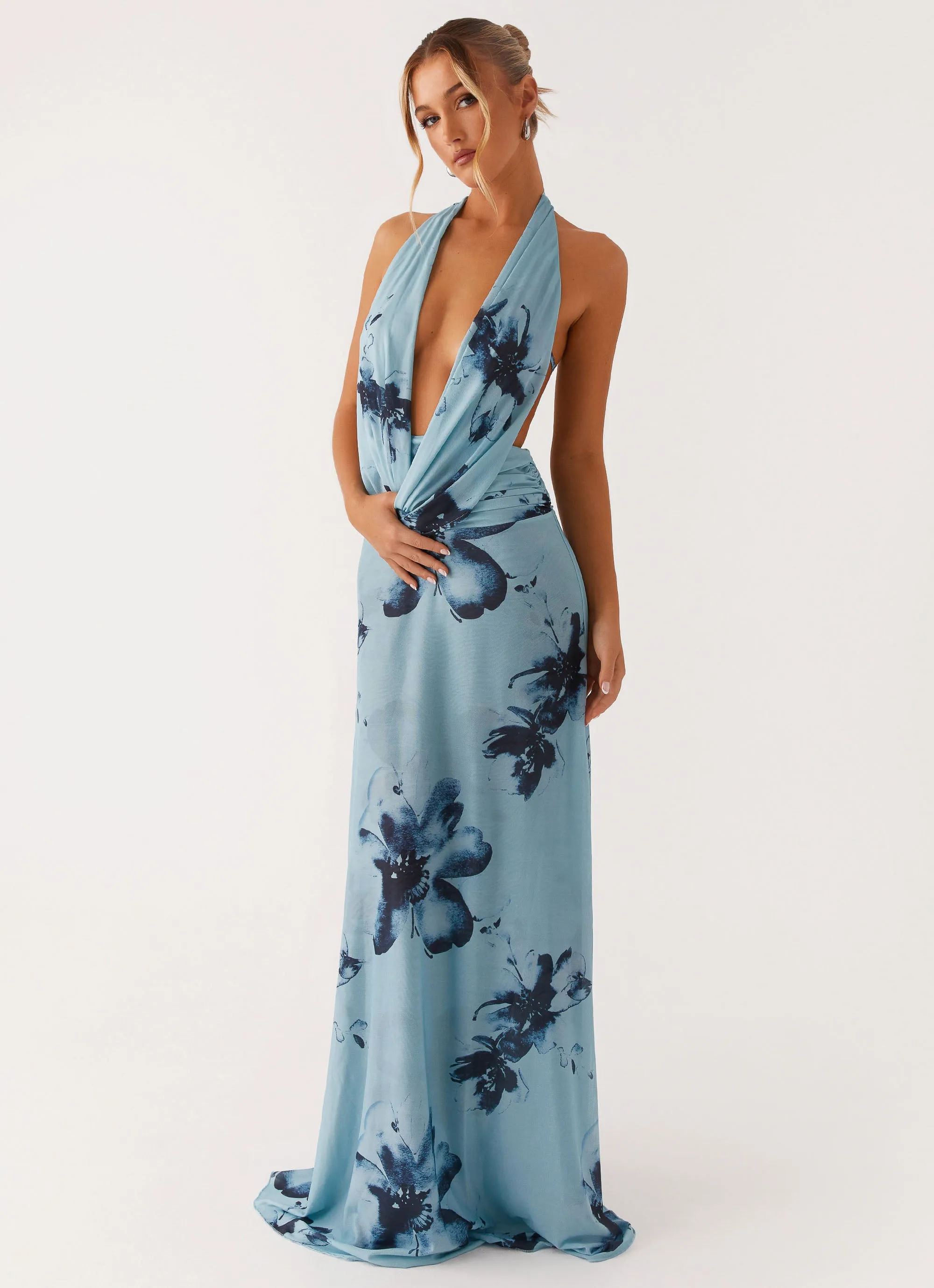 Elysia Mesh Maxi Dress - Blue Black Floral