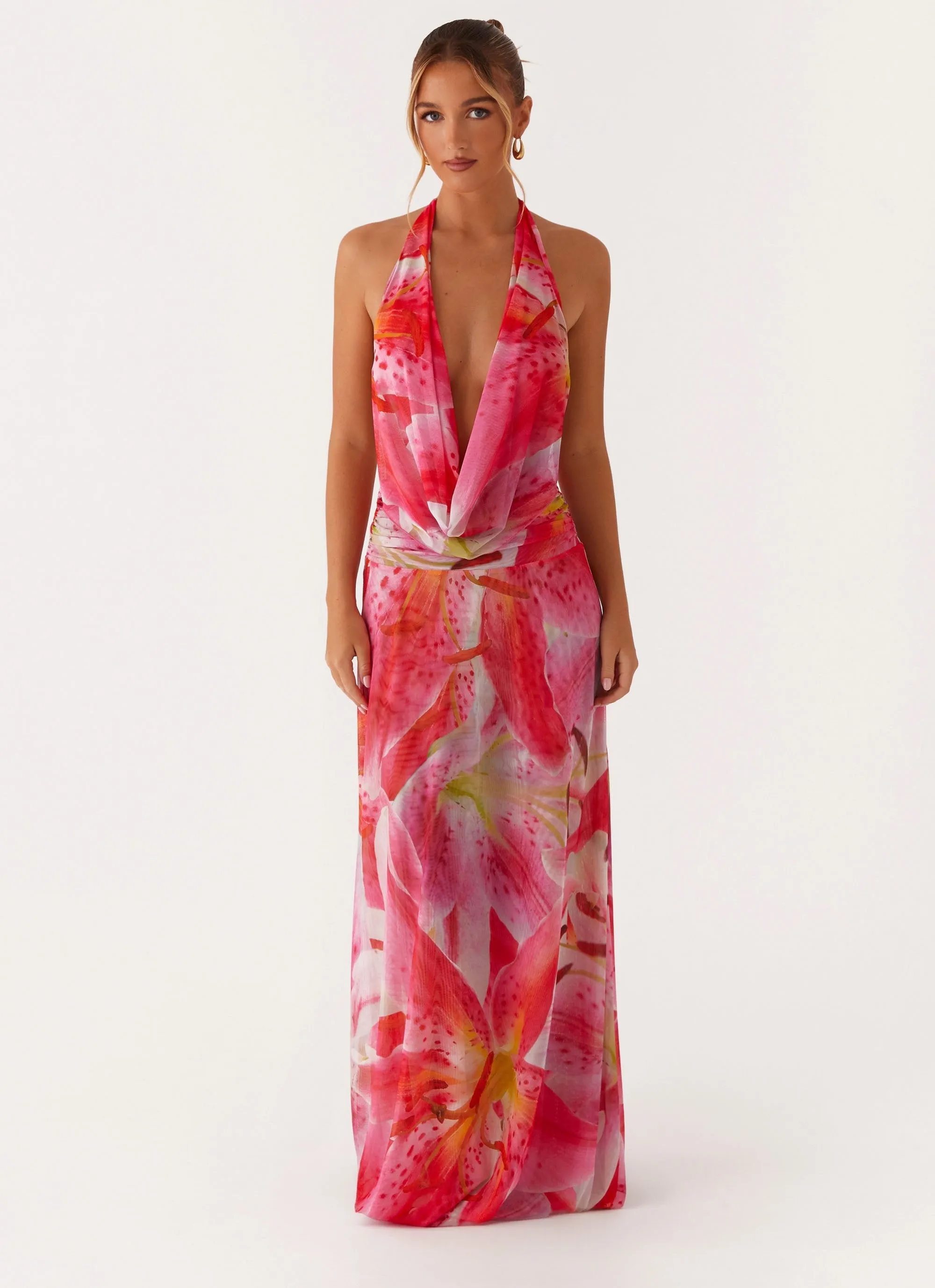 Elysia Mesh Maxi Dress - White Pink Lilly