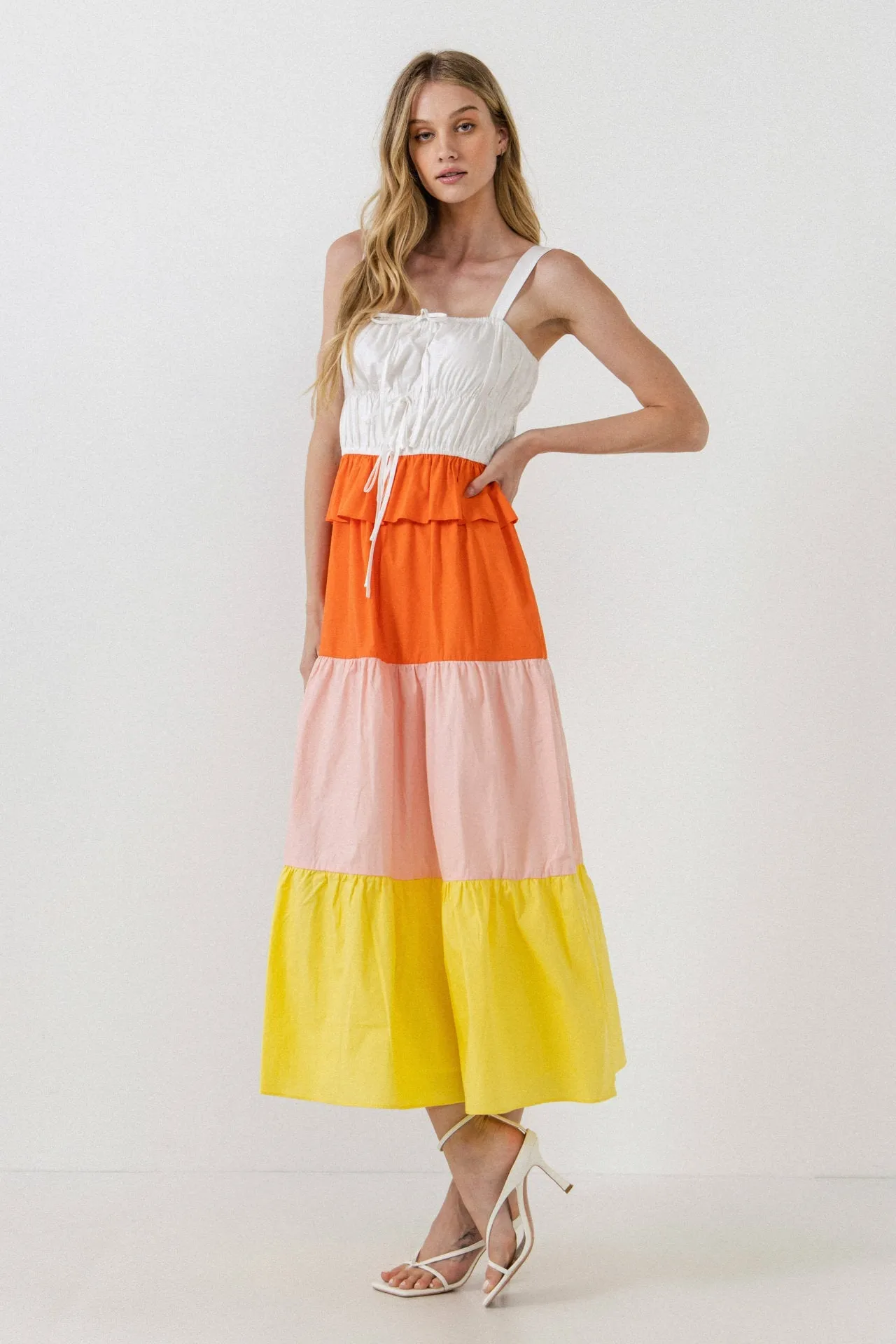 English Factory - Color Block Tied Detail Shirring Dress