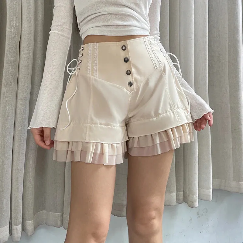 Fashion Chic Ruffles Spliced High Waist Shorts Women Lace Trim Buttons Coquette Clothes Summer Shorts Tie Up Outfits