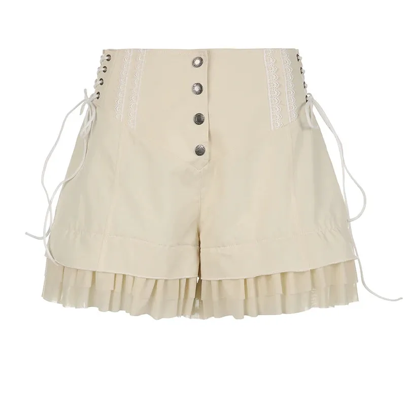 Fashion Chic Ruffles Spliced High Waist Shorts Women Lace Trim Buttons Coquette Clothes Summer Shorts Tie Up Outfits