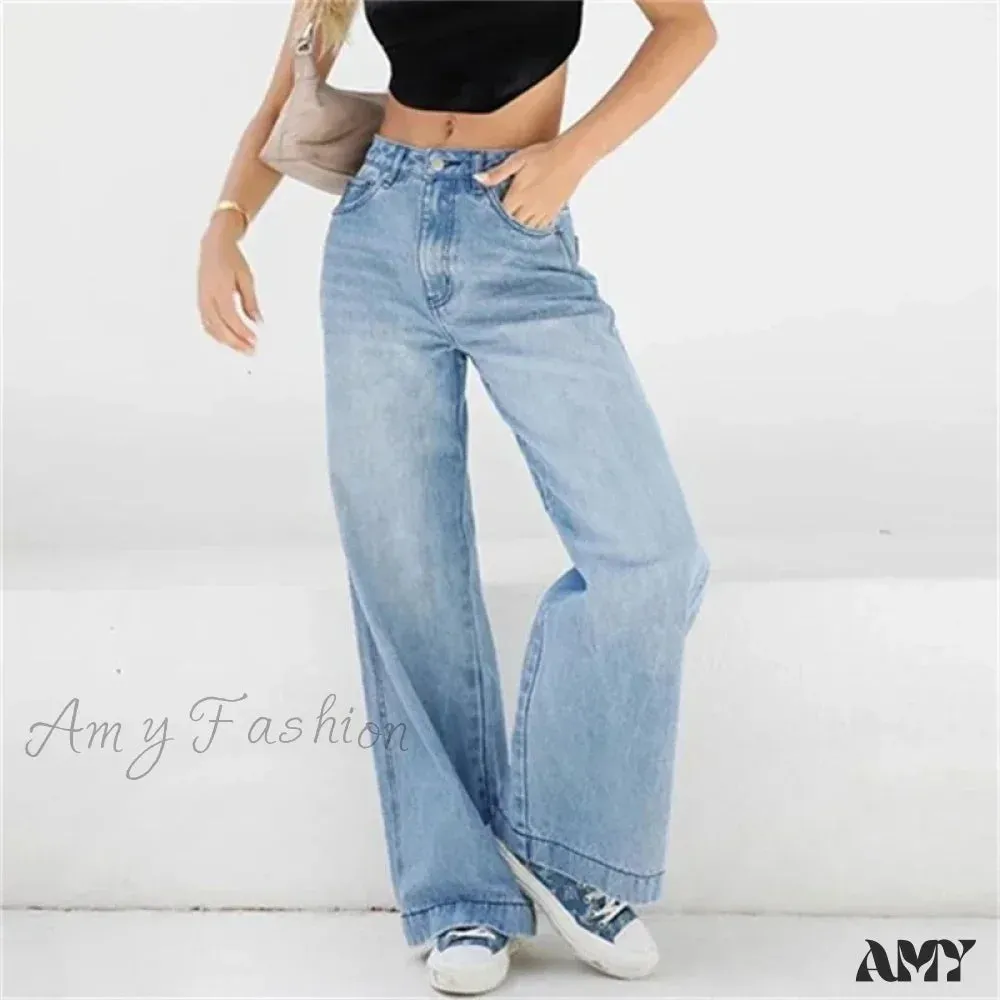 Fashion Loose Mid Waist Straight Daily Casual Commuter Denim High Street Wide Leg Jean