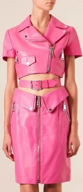 Faux-Leather Zip Top & Skirt Set in Pink