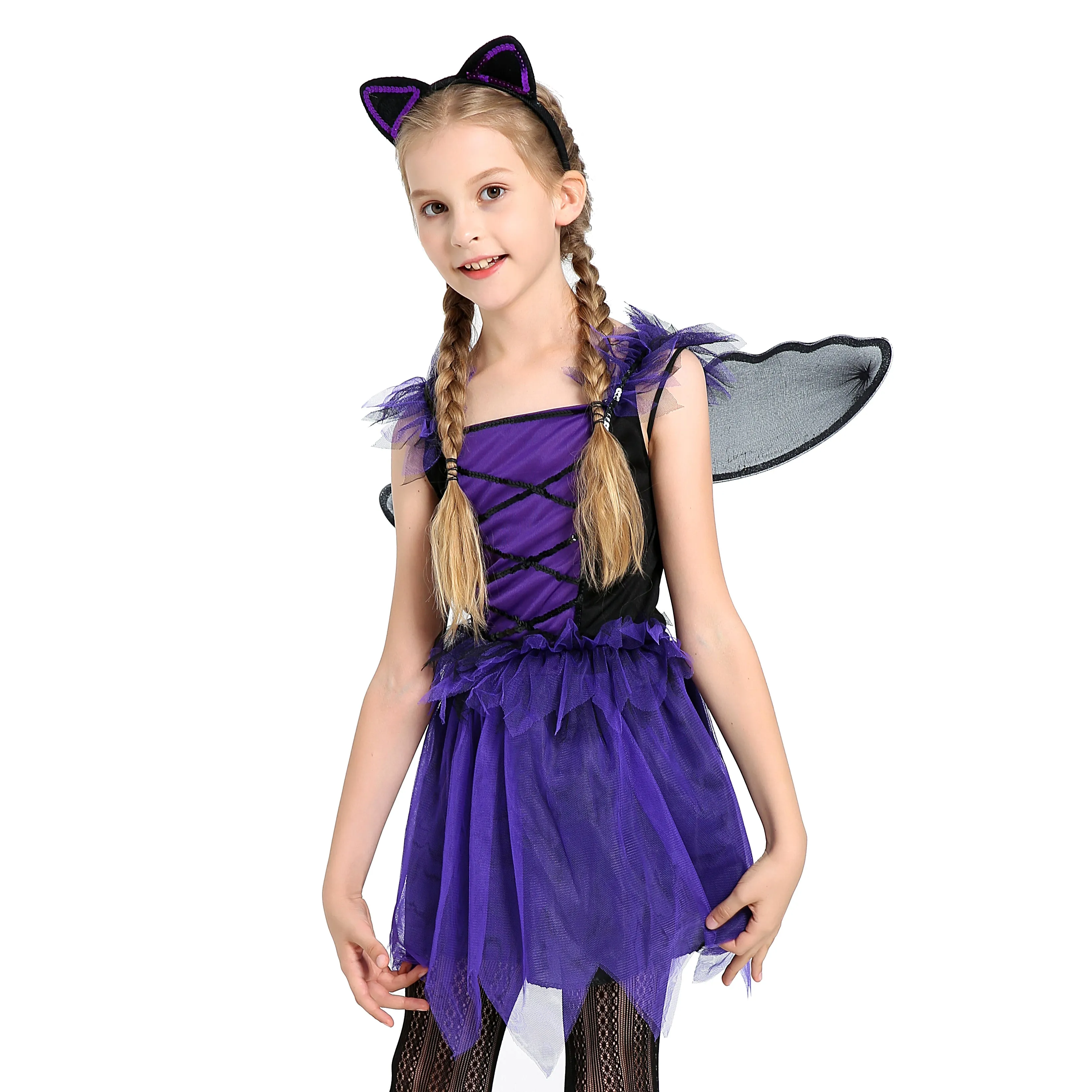 FC382 - Bat Girls Purple Witch Halloween Costume with Wings and Headband for Girls