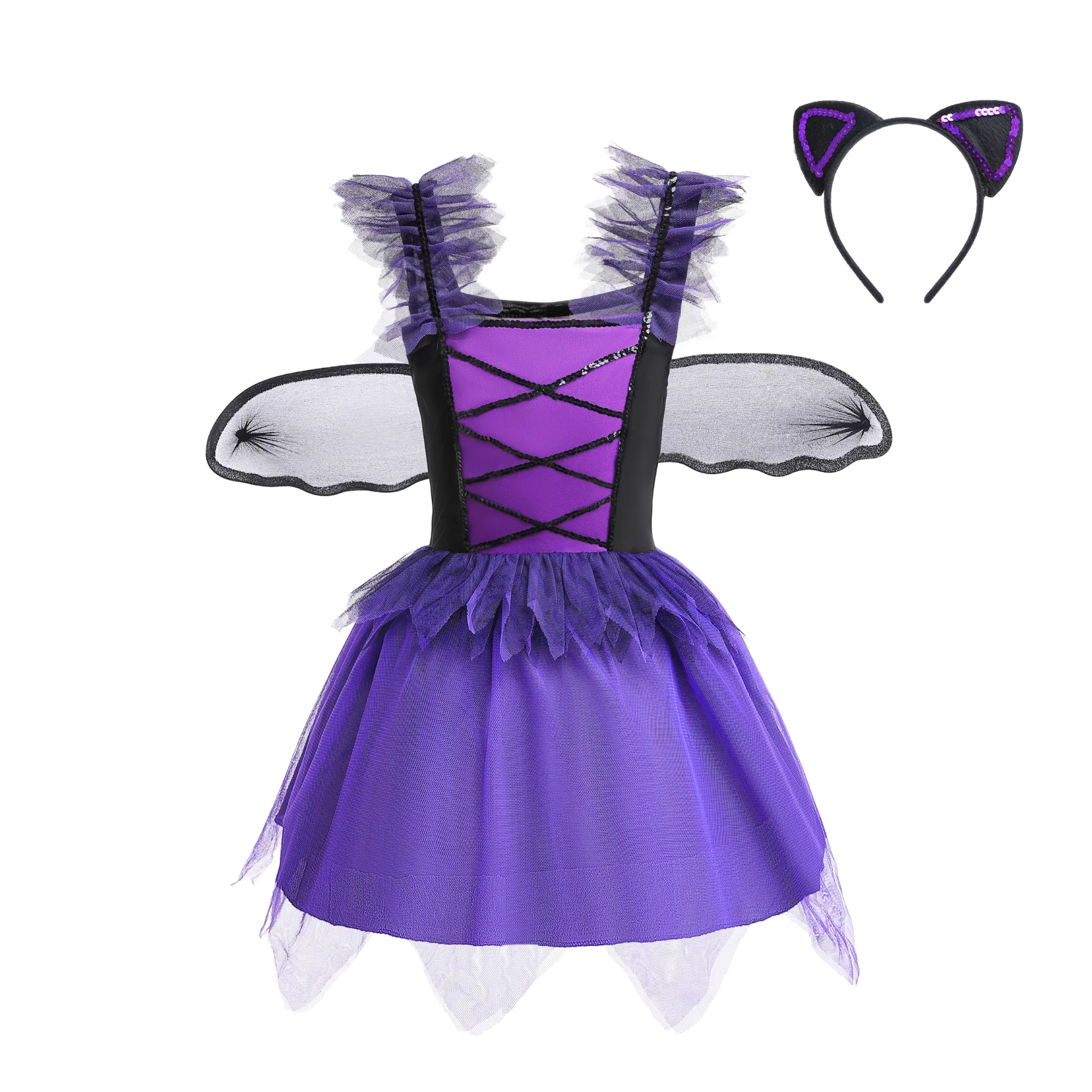 FC382 - Bat Girls Purple Witch Halloween Costume with Wings and Headband for Girls