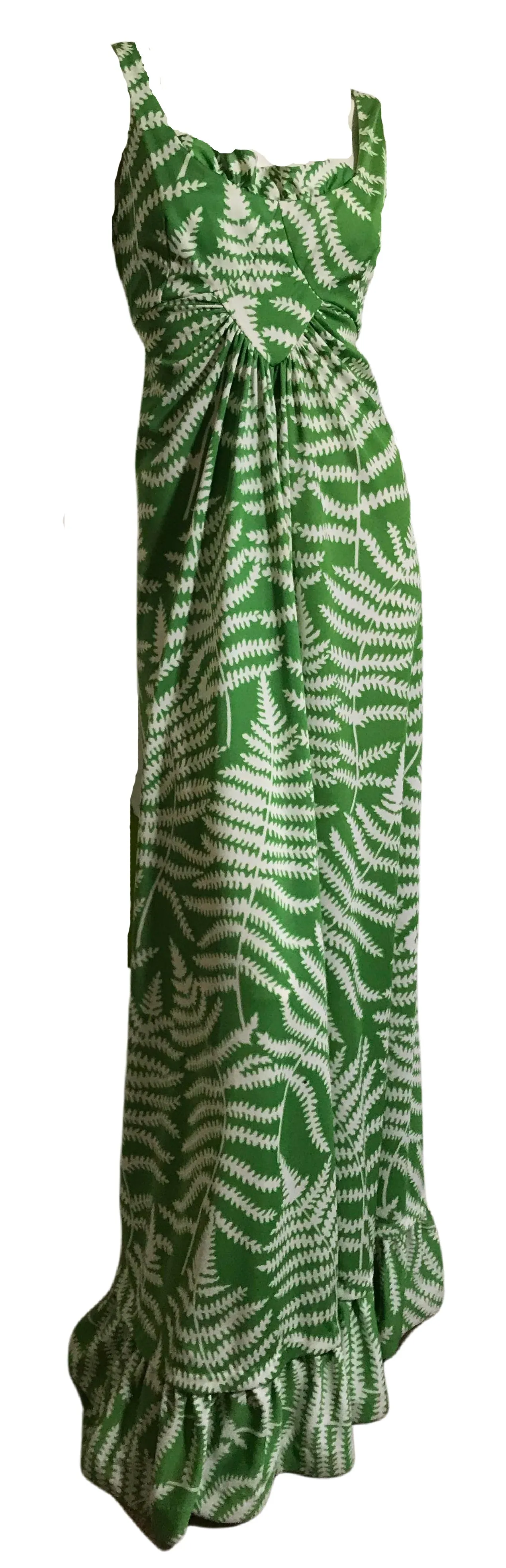 Fern Print Ruffled Neckline Tropical Maxi Dress circa 1970s