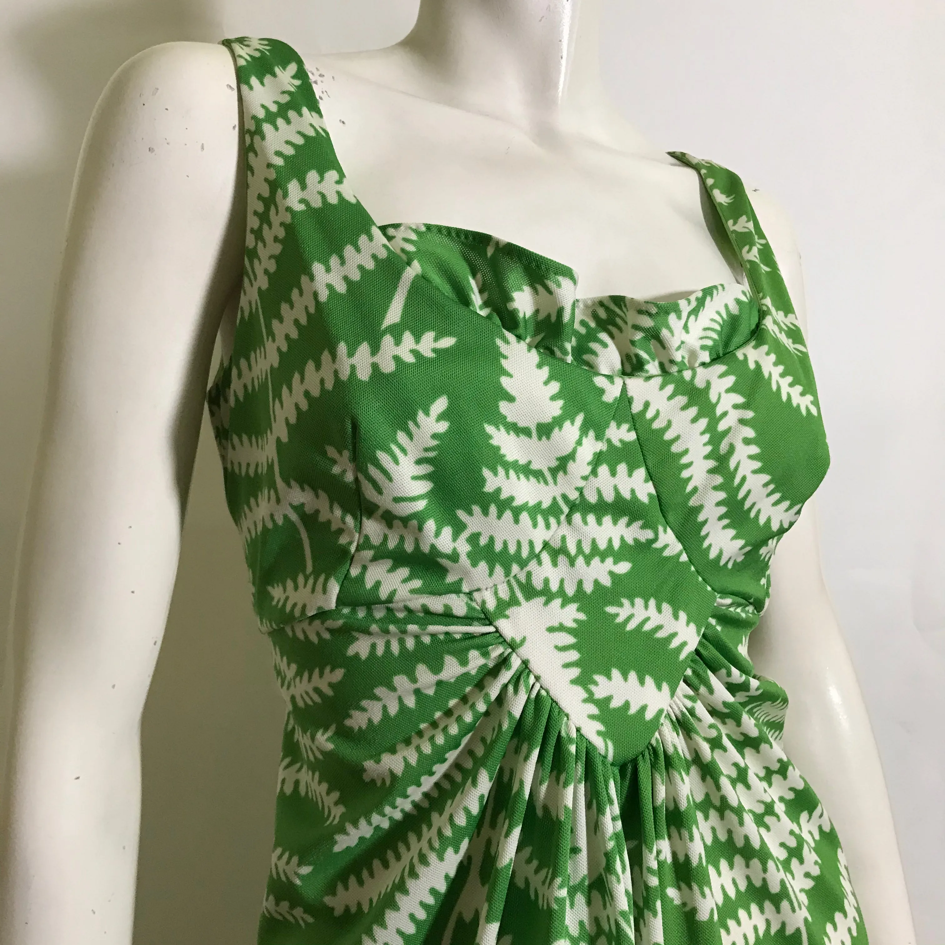 Fern Print Ruffled Neckline Tropical Maxi Dress circa 1970s