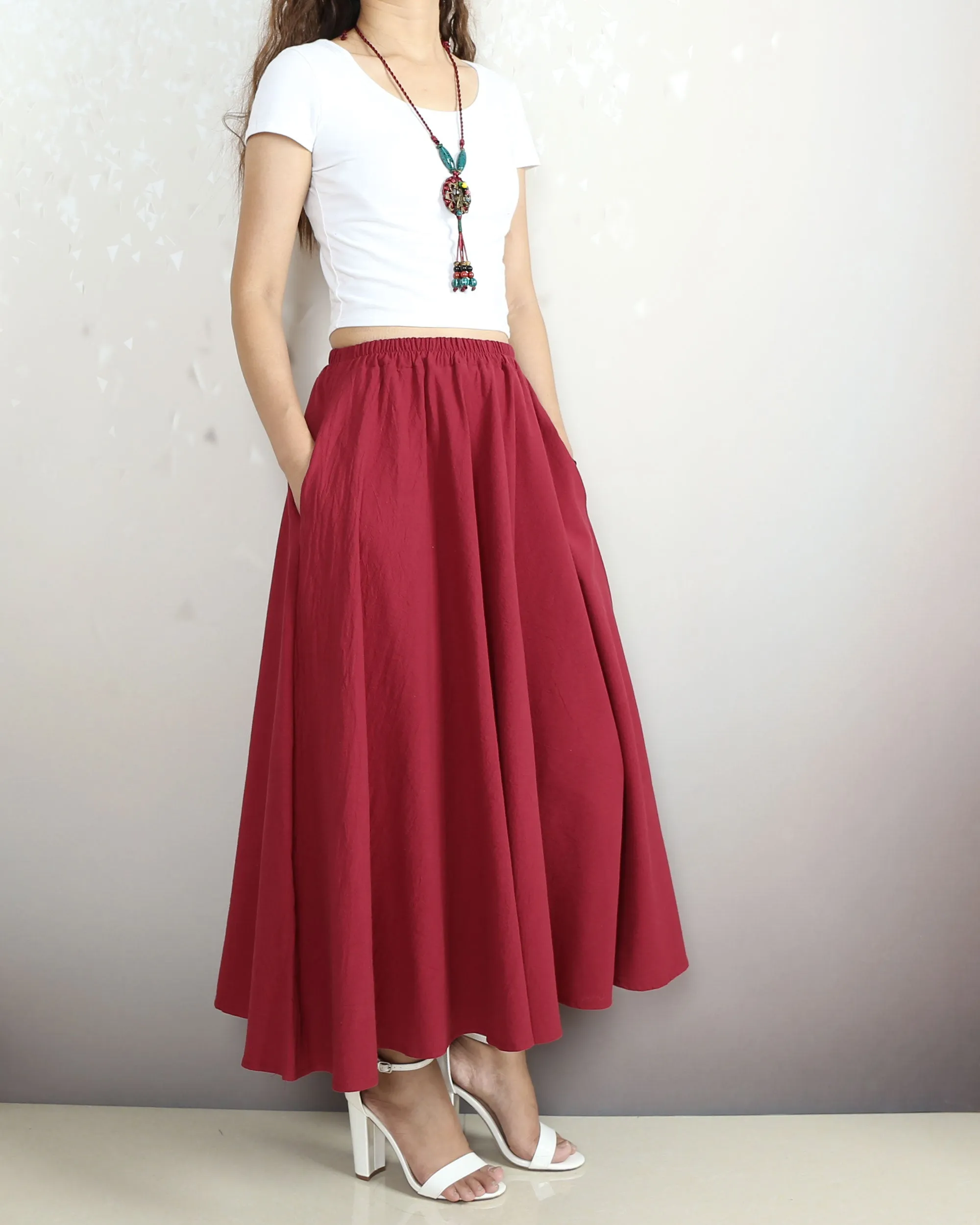 Flared skirt, Linen skirt, Elastic waist skirt, Boho skirt with pockets, high waist skirt(Q1065)