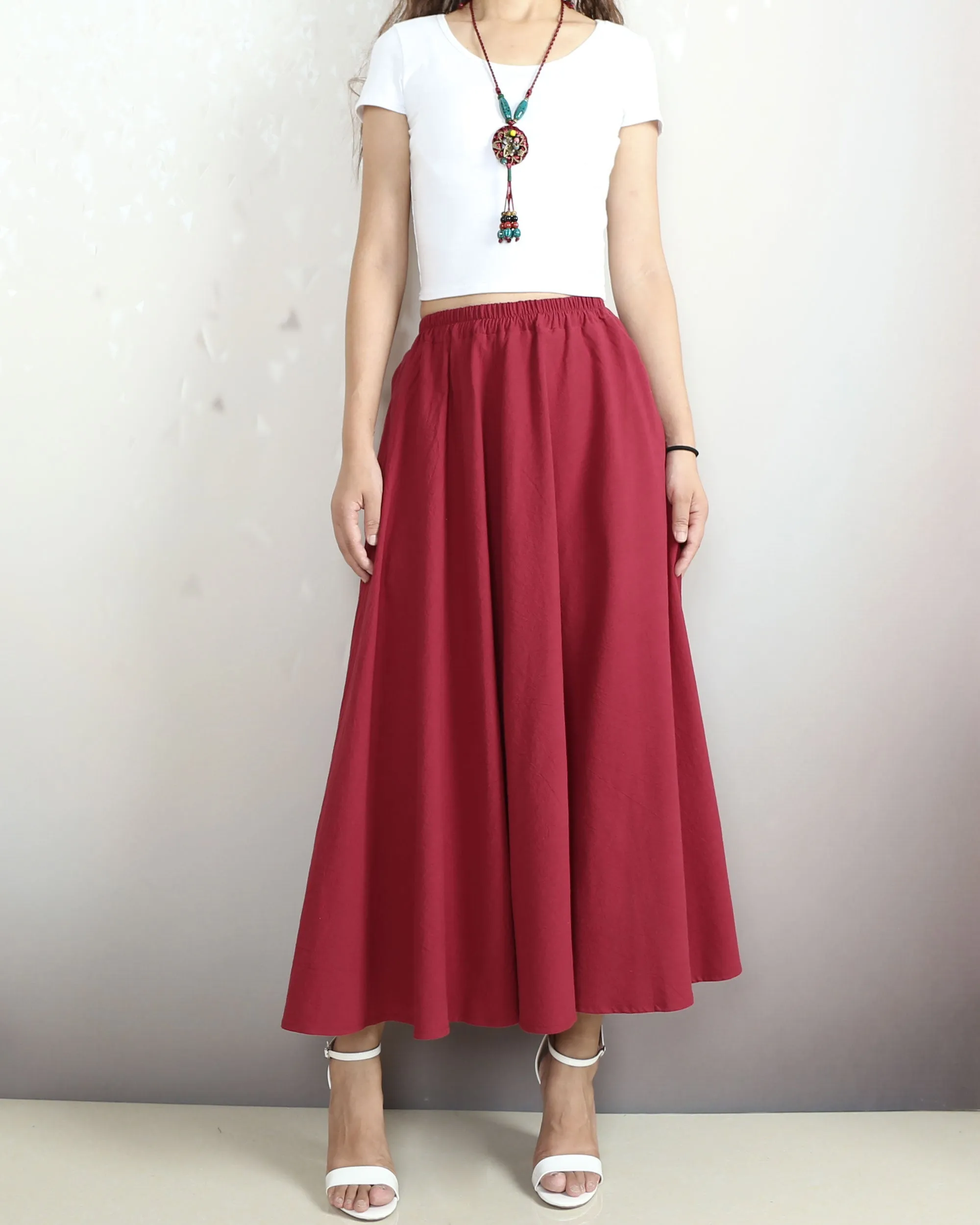 Flared skirt, Linen skirt, Elastic waist skirt, Boho skirt with pockets, high waist skirt(Q1065)