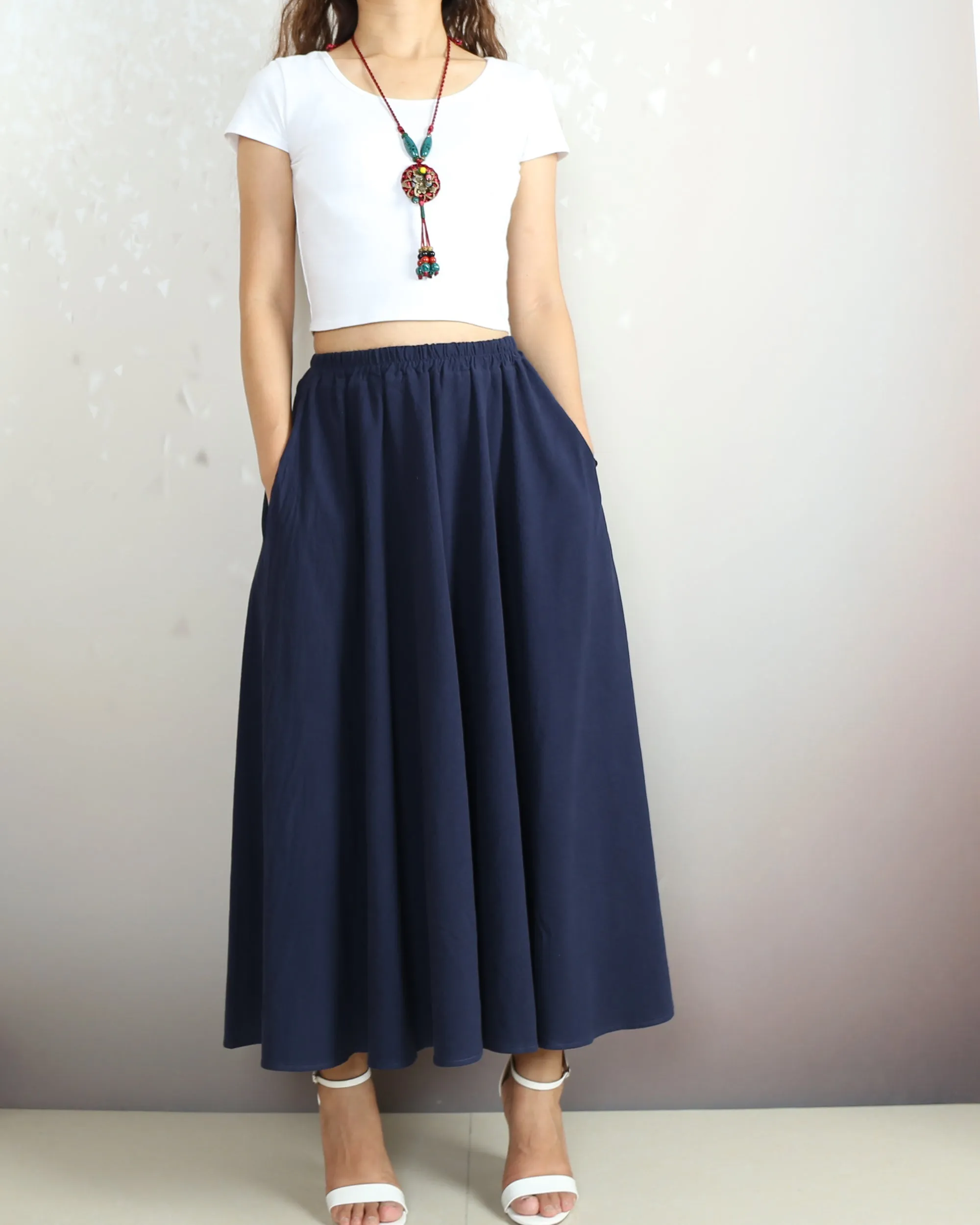 Flared skirt, Linen skirt, Elastic waist skirt, Boho skirt with pockets, high waist skirt(Q1065)