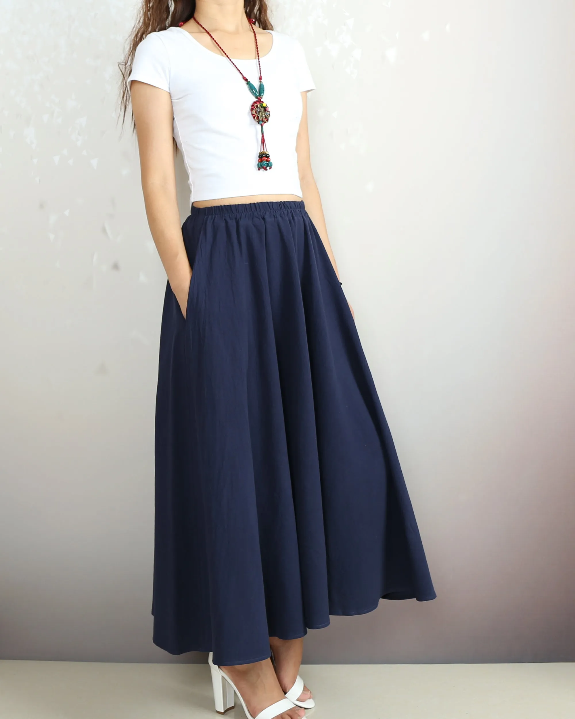 Flared skirt, Linen skirt, Elastic waist skirt, Boho skirt with pockets, high waist skirt(Q1065)