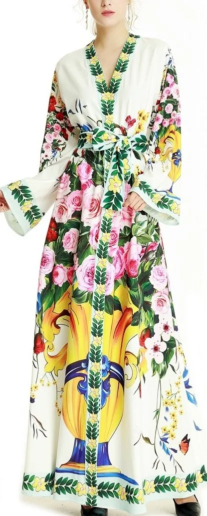 Floral & Vase Print Maxi Robe-Dress