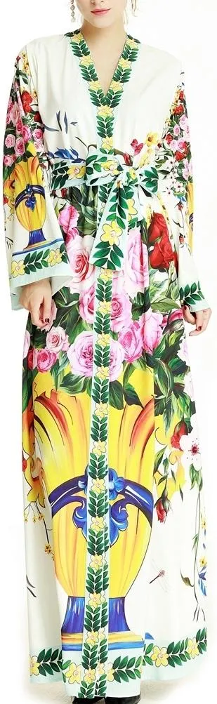 Floral & Vase Print Maxi Robe-Dress