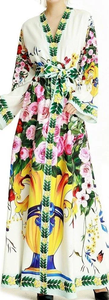 Floral & Vase Print Maxi Robe-Dress