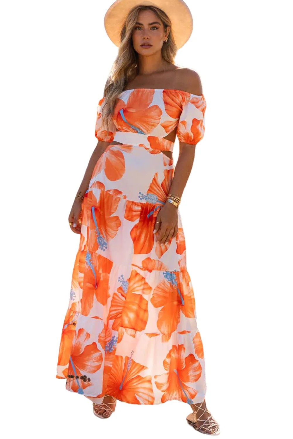 Floral Print Off Shoulder Backless Maxi Dress