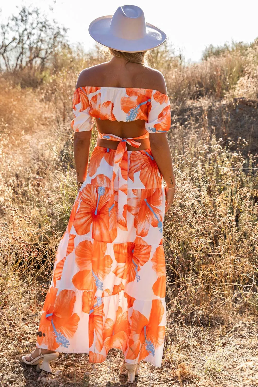 Floral Print Off Shoulder Backless Maxi Dress