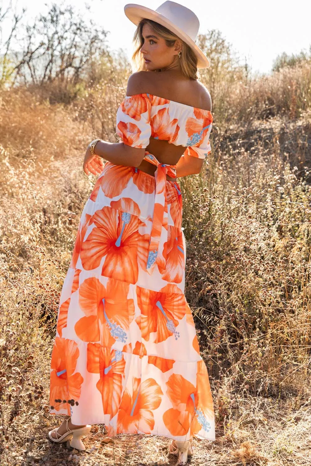 Floral Print Off Shoulder Backless Maxi Dress