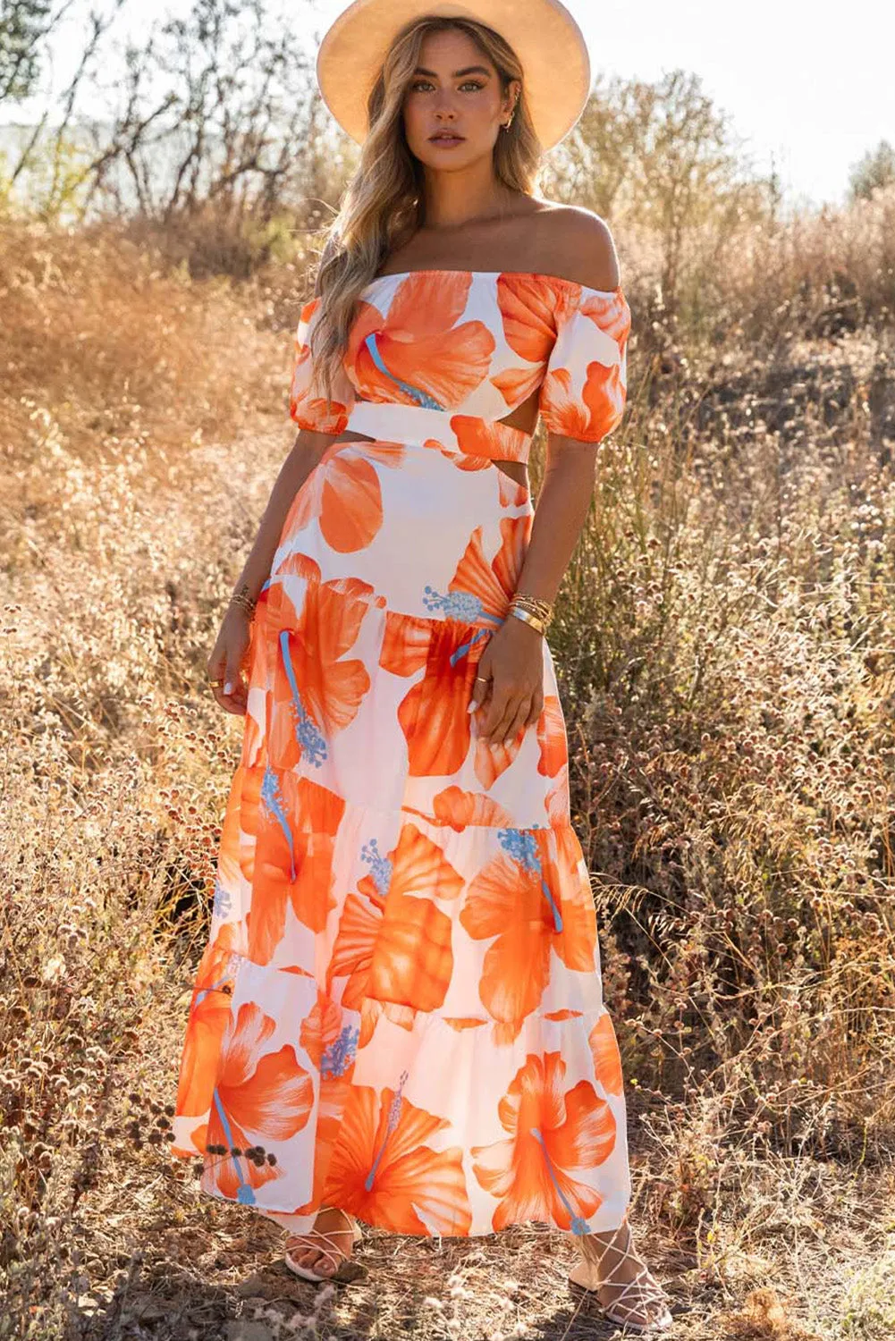 Floral Print Off Shoulder Backless Maxi Dress