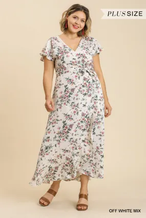 Floral Print Wrapped Short Ruffle Sleeve Maxi Dress With No Lining