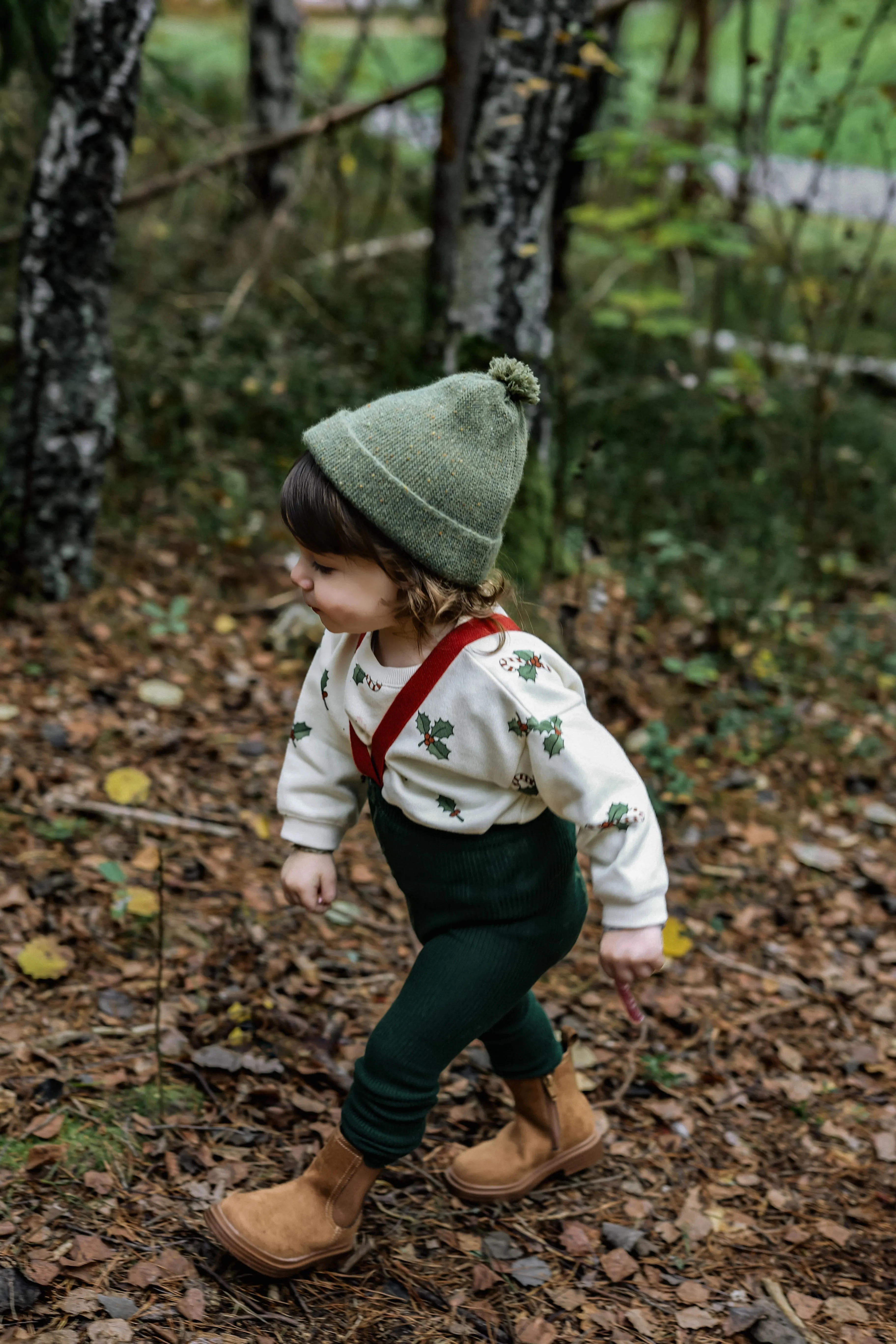 Forest Green Footless Cotton Tights With Contrast Braces