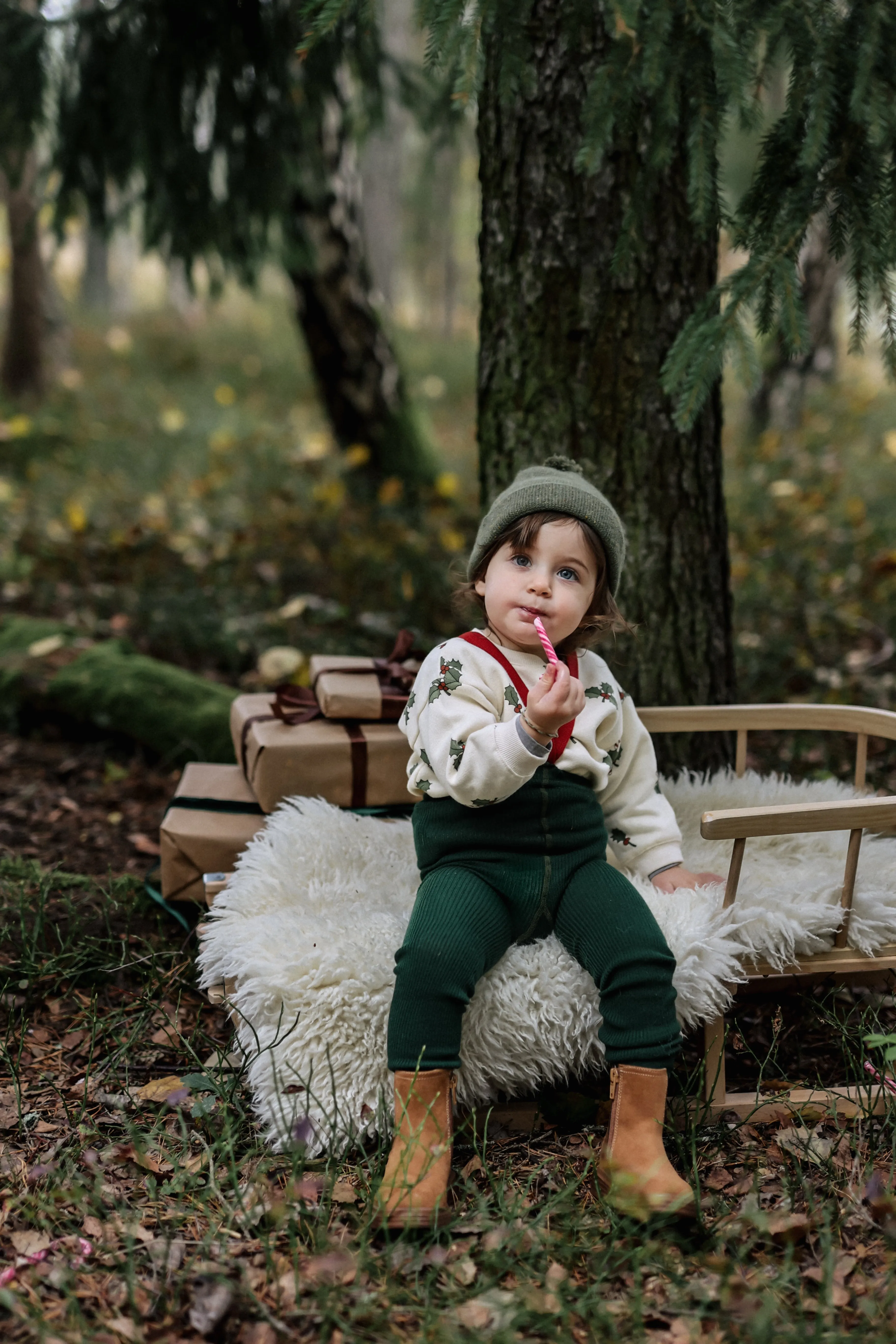 Forest Green Footless Cotton Tights With Contrast Braces