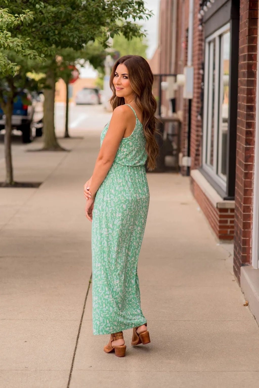 Geo Leaves Thin Strapped Maxi Dress