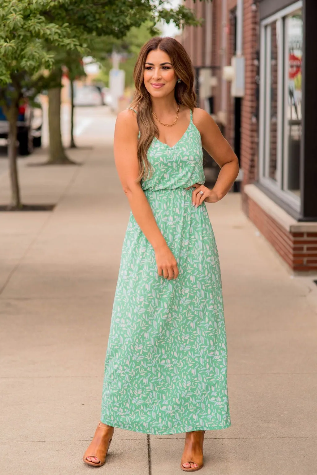 Geo Leaves Thin Strapped Maxi Dress