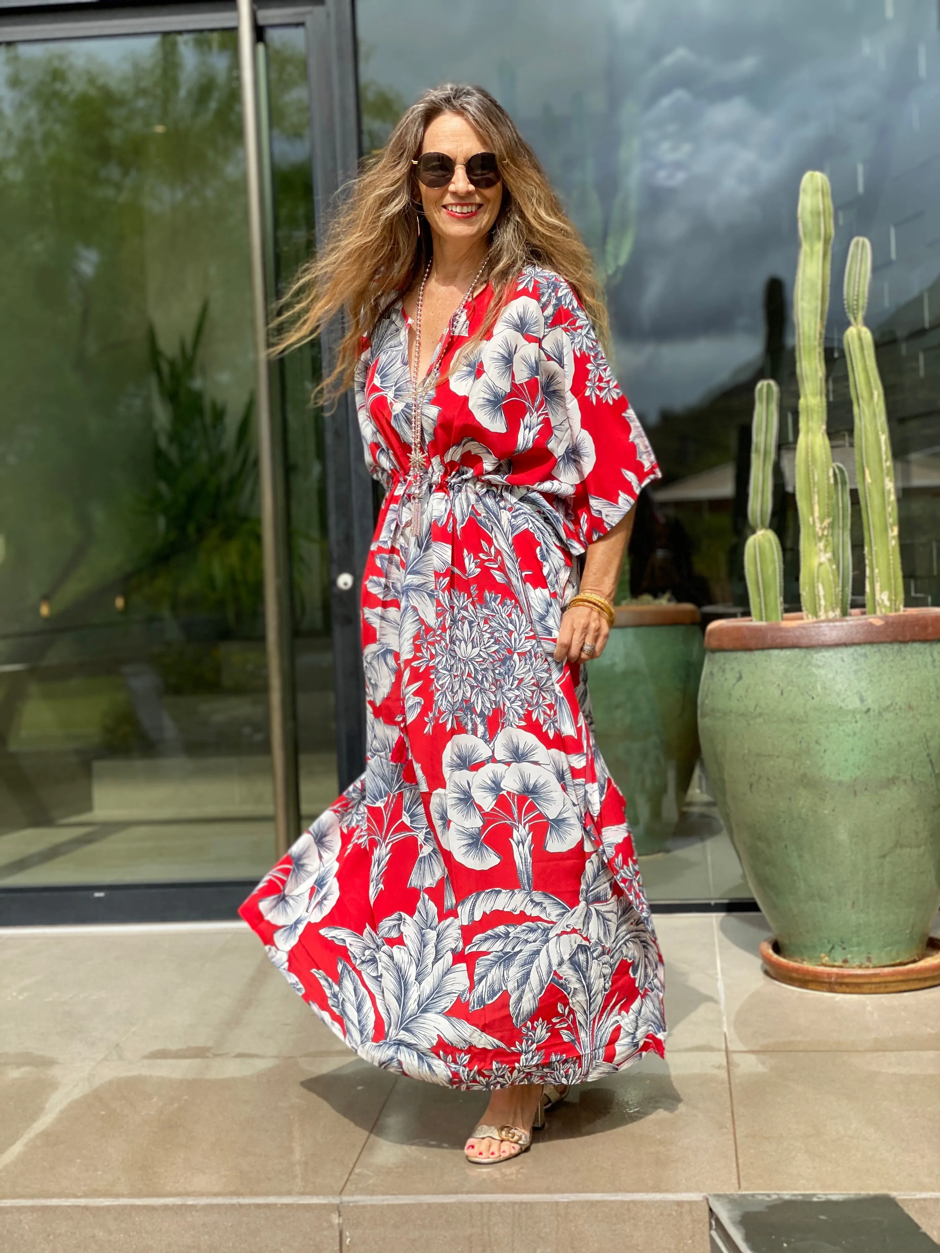 Giardino Rosso Italian Silk Maxi Kaftan Dress