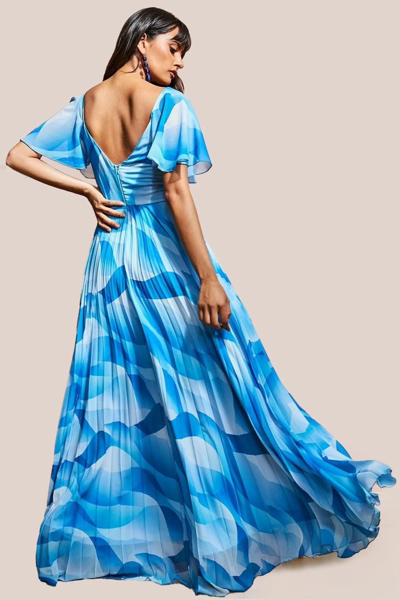 Goddiva Printed Chiffon Pleated Maxi Dress - Blue