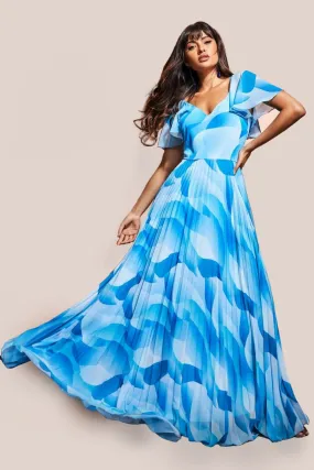 Goddiva Printed Chiffon Pleated Maxi Dress - Blue