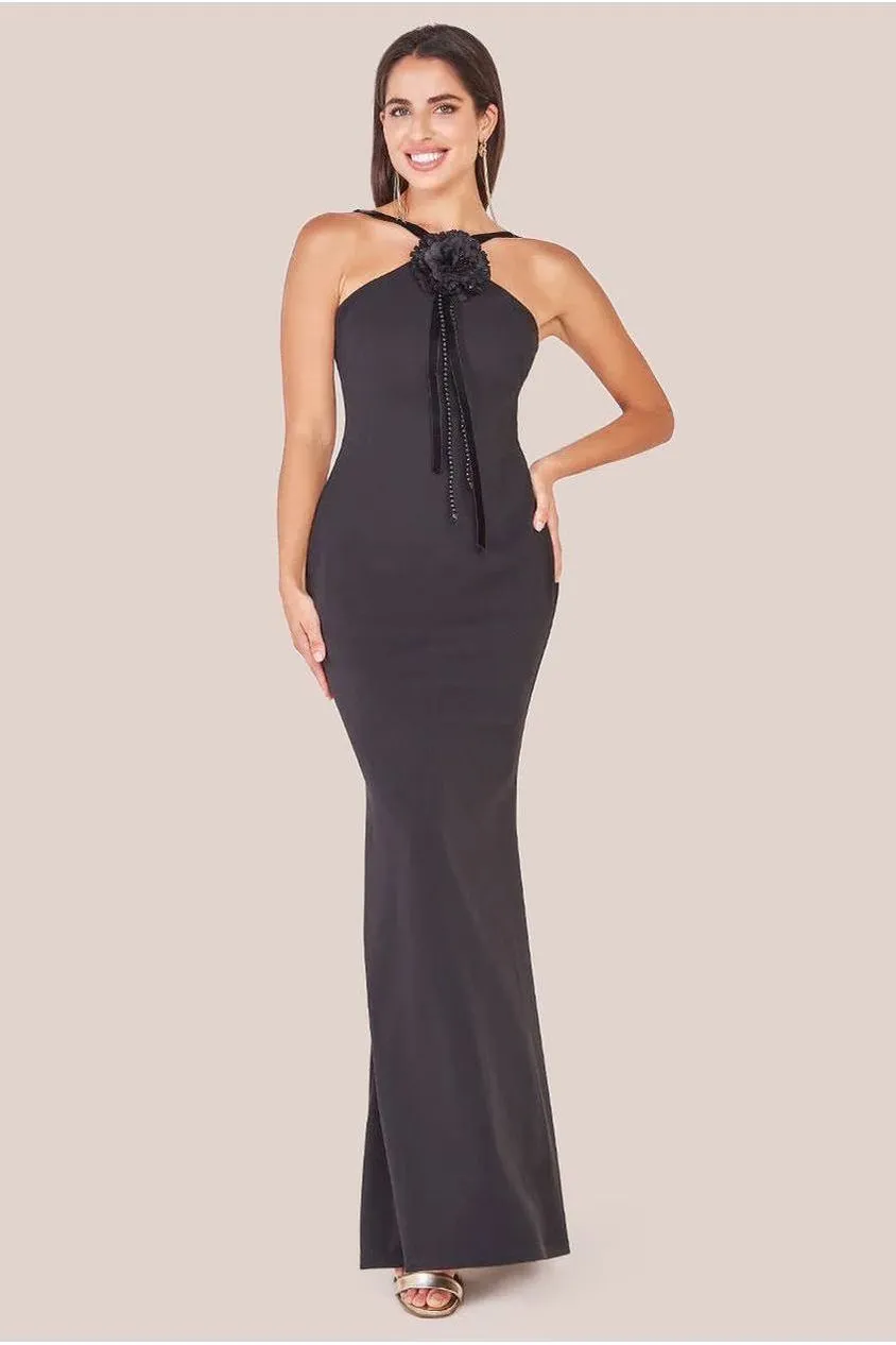 Goddiva Racer Neck Corsage Scuba Maxi - Black