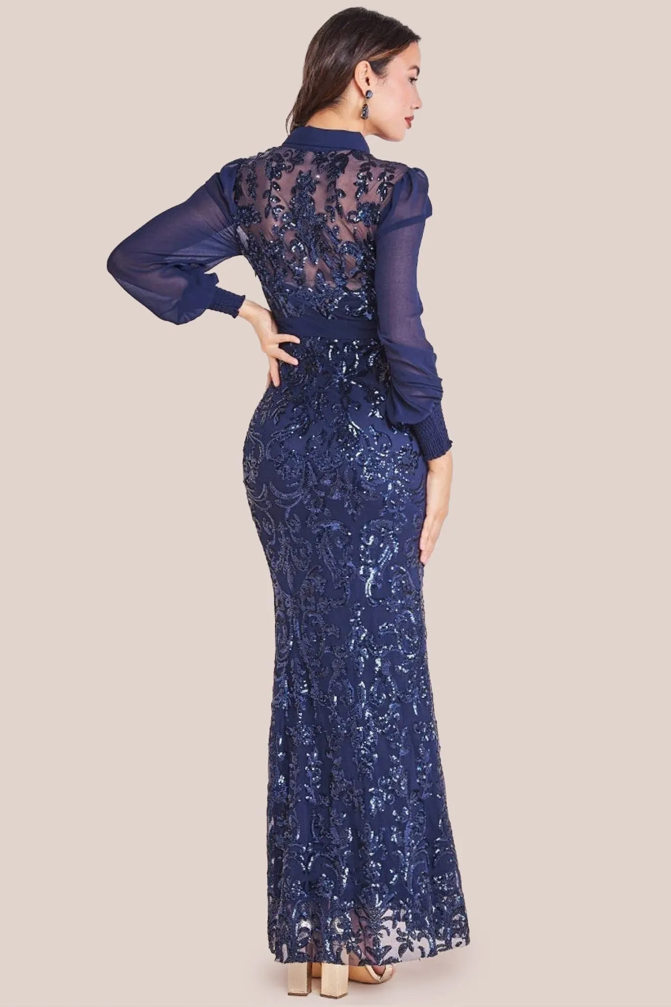 Goddiva Sequin Mesh Shirt Maxi Chiffon Sleeves - Navy