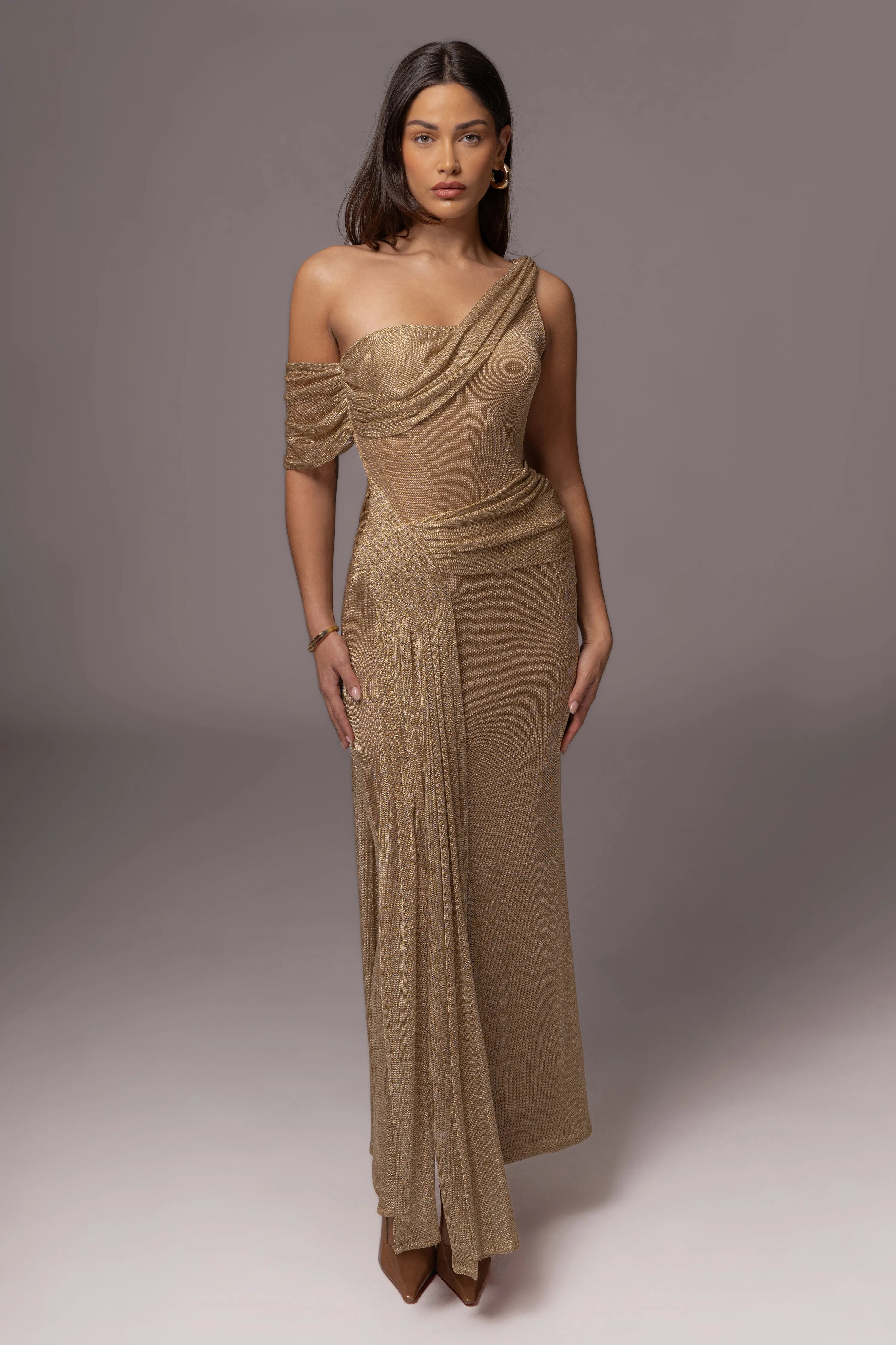 Gold Draped Metallic Maxi Dress