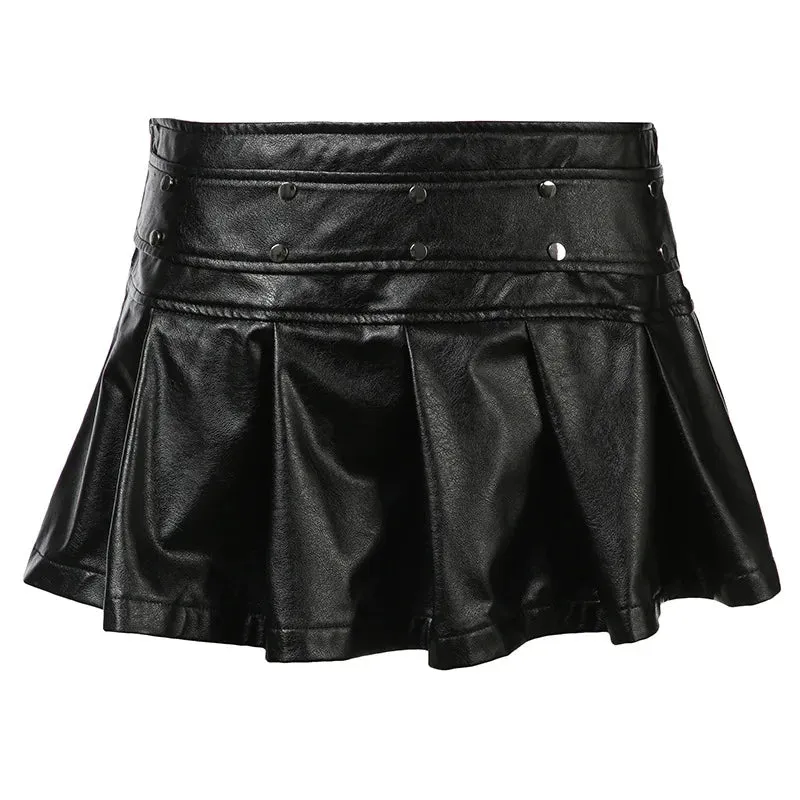 Goth Lolita Punk Rivet Zipper Black PU Leather Skirt Low Waist Pleated Mini Skirts Womens 2024 Fall Clothes P84-DB30