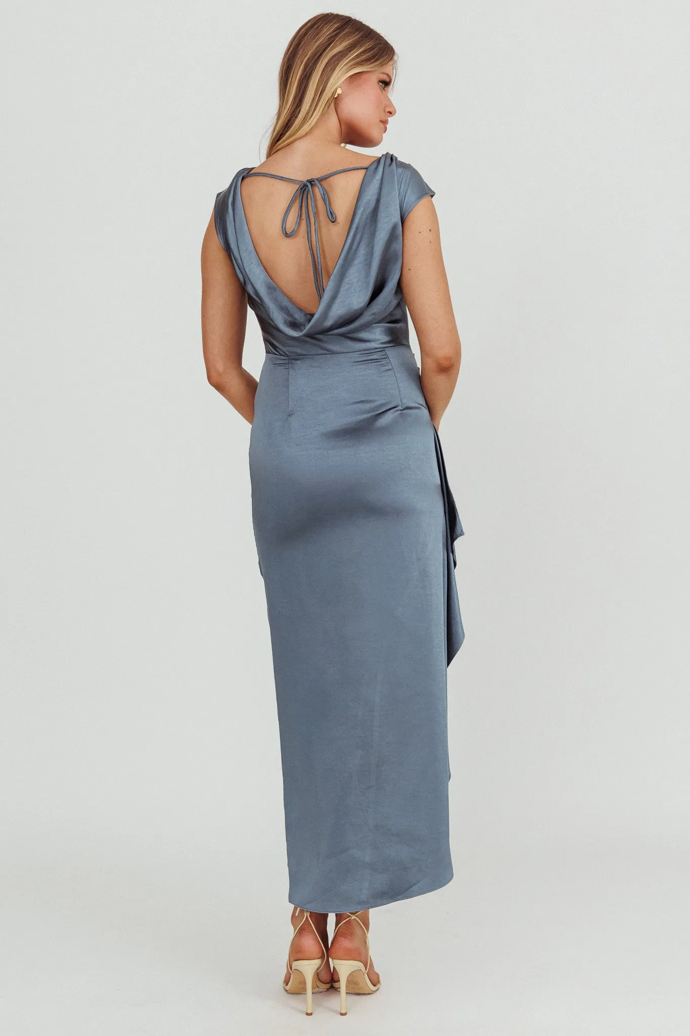 Grecian Cap Sleeve Cowl Back Dress Steel Blue