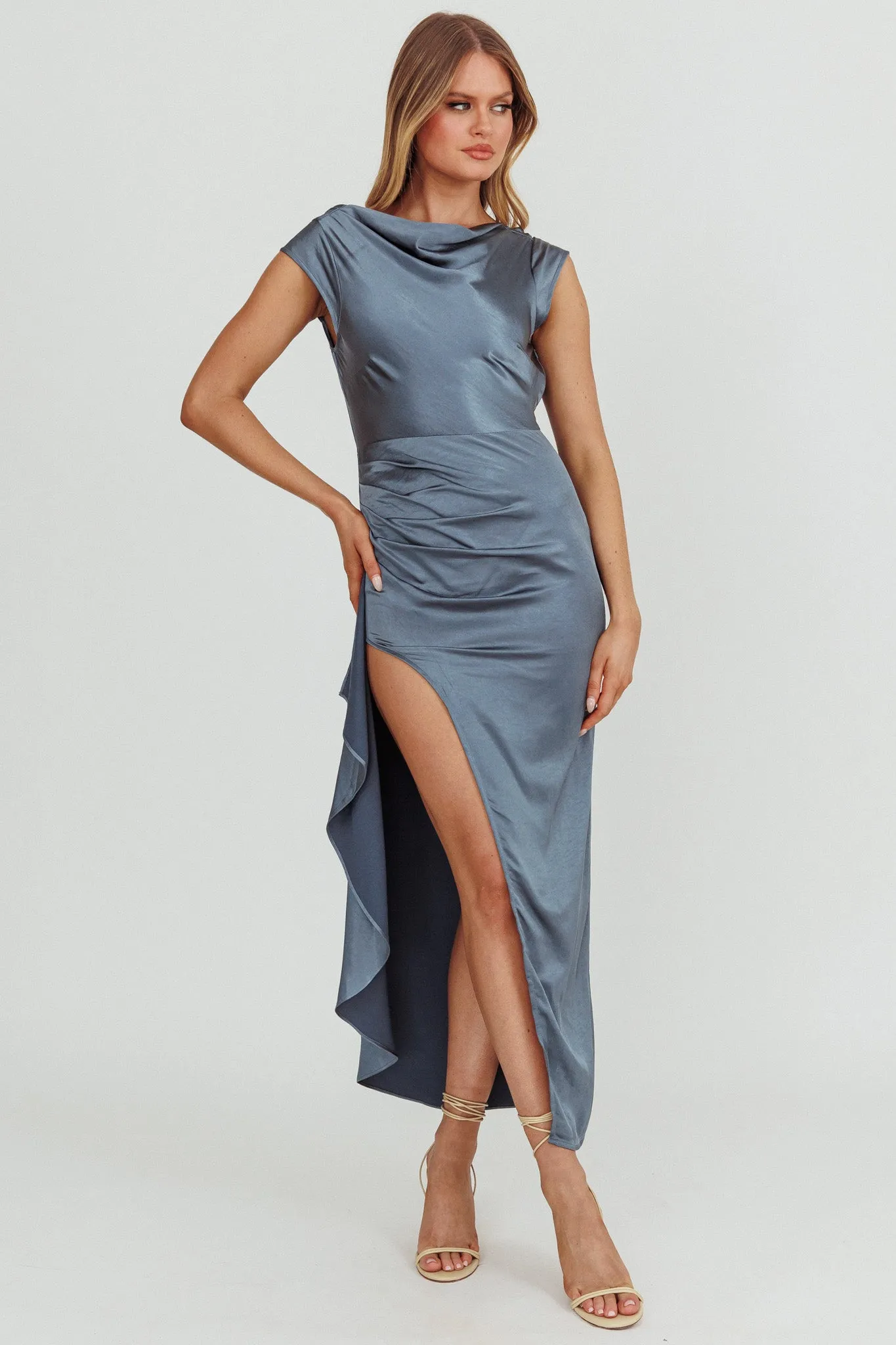 Grecian Cap Sleeve Cowl Back Dress Steel Blue